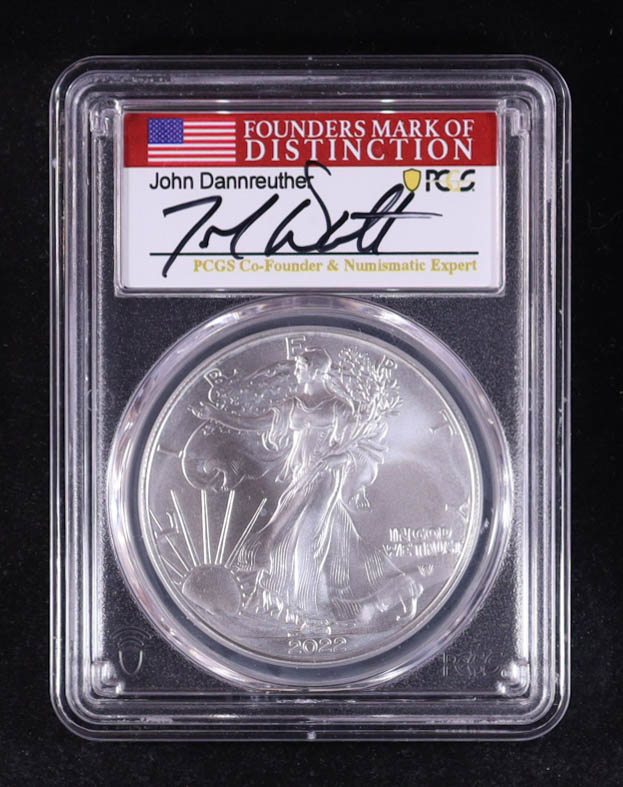 2022 American Silver Eagle, First Day of Issue - John Dannreuther Signature Label (PCGS MS70) at PristineAuction.com 2022 American Silver Eagle, First Day of Issue - John Dannreuther Signature Label (PCGS MS70) at PristineAuction.com