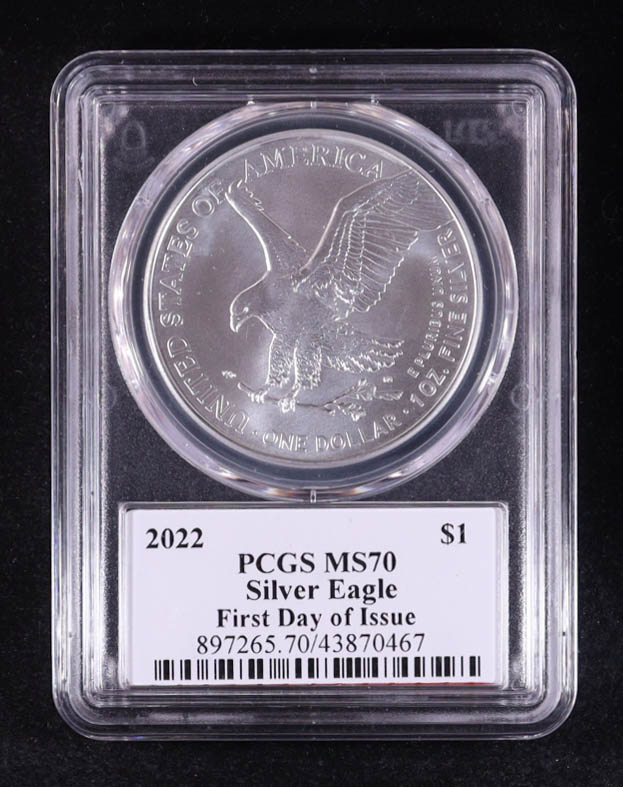2022 American $1 Dollar Silver Eagle, First Day of Issue - John Dannreuther Signature Label (PCGS MS70) at PristineAuction.com 2022 American $1 Dollar Silver Eagle, First Day of Issue - John Dannreuther Signature Label (PCGS MS70) at PristineAuction.com