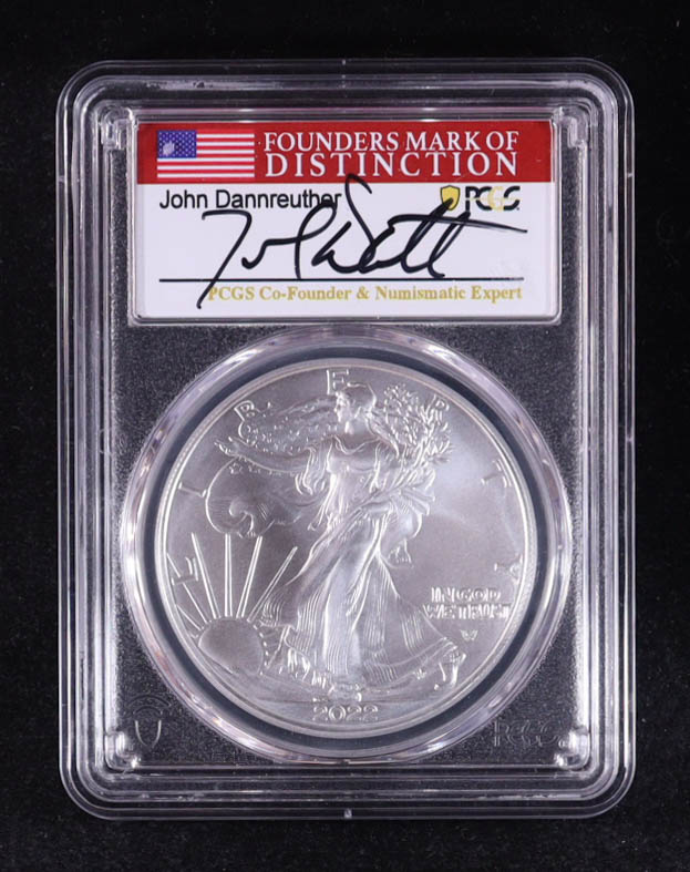 2022 American $1 Dollar Silver Eagle, First Day of Issue - John Dannreuther Signature Label (PCGS MS70) at PristineAuction.com 2022 American $1 Dollar Silver Eagle, First Day of Issue - John Dannreuther Signature Label (PCGS MS70) at PristineAuction.com