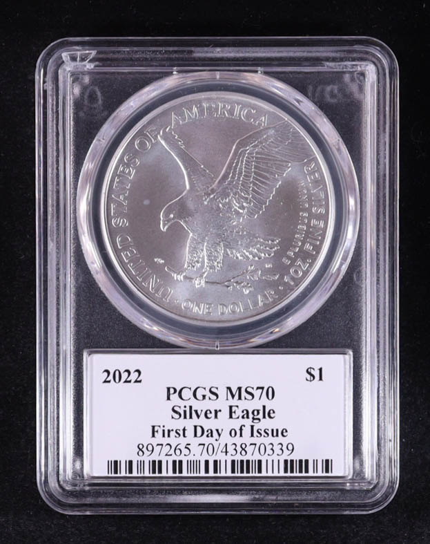 2022 American $1 Dollar Silver Eagle, First Day of Issue - John Dannreuther Signature Label (PCGS MS70) at PristineAuction.com 2022 American $1 Dollar Silver Eagle, First Day of Issue - John Dannreuther Signature Label (PCGS MS70) at PristineAuction.com