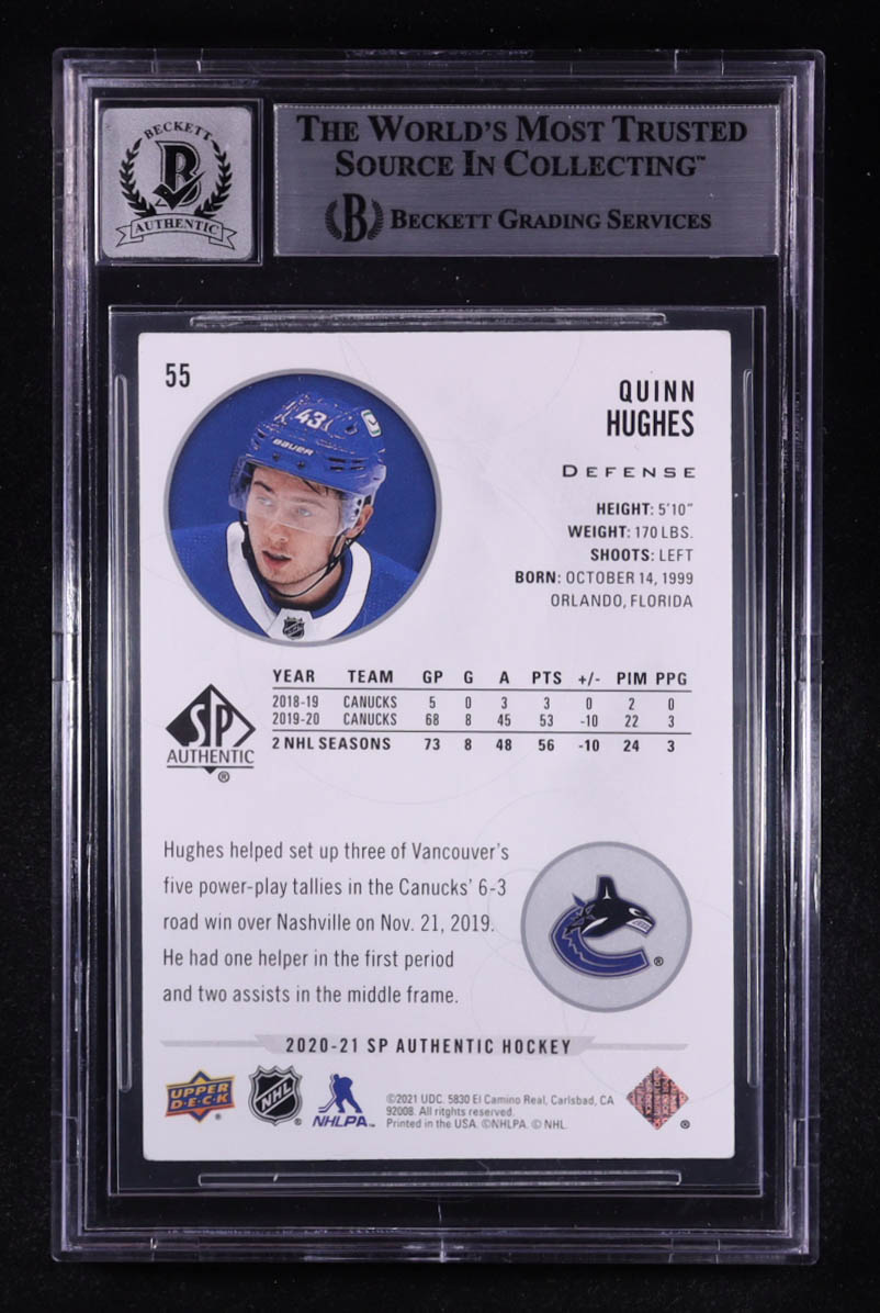 Quinn Hughes Signed 2020-21 Upper Deck SP Authentic #55 (BGS | Autograph Graded BGS 10) at PristineAuction.com Quinn Hughes Signed 2020-21 Upper Deck SP Authentic #55 (BGS | Autograph Graded BGS 10) at PristineAuction.com
