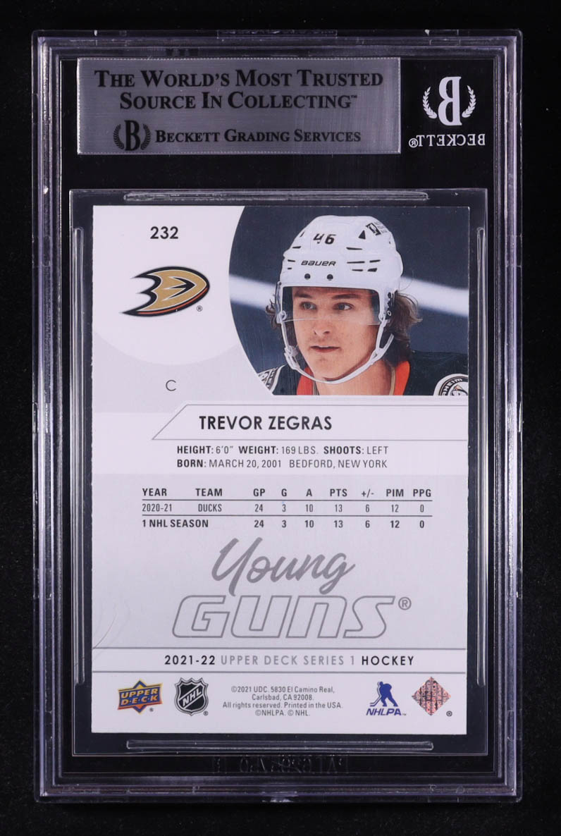 Trevor Zegras Signed 2021-22 Upper Deck Young Guns #232 RC (BGS) at PristineAuction.com Trevor Zegras Signed 2021-22 Upper Deck Young Guns #232 RC (BGS) at PristineAuction.com