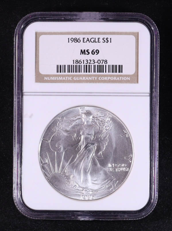 1986 American Silver $1 Dollar Eagle - First Year of Issue (NGC MS69) at PristineAuction.com 1986 American Silver $1 Dollar Eagle - First Year of Issue (NGC MS69) at PristineAuction.com