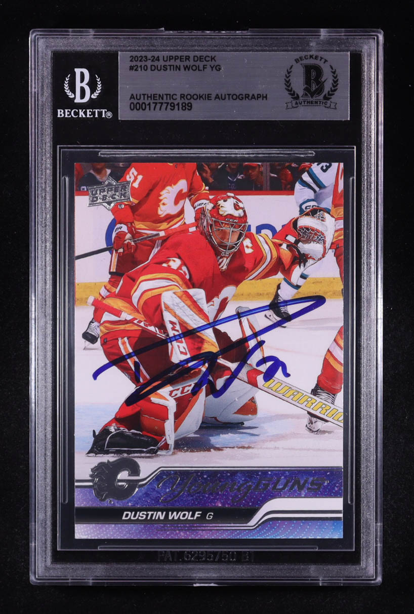 Dustin Wolf Signed 2023-24 Upper Deck Young Guns #210 RC (BGS) at PristineAuction.com Dustin Wolf Signed 2023-24 Upper Deck Young Guns #210 RC (BGS) at PristineAuction.com