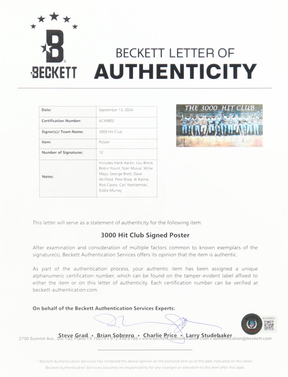 "The 3,000 Hit Club" Custom Framed Art Print Display Signed By (12) with Hank Aaron, Lou Brock, Robin Yount, & Stan Musial (Beckett) at PristineAuction.com "The 3,000 Hit Club" Custom Framed Art Print Display Signed By (12) with Hank Aaron, Lou Brock, Robin Yount, & Stan Musial (Beckett) at PristineAuction.com