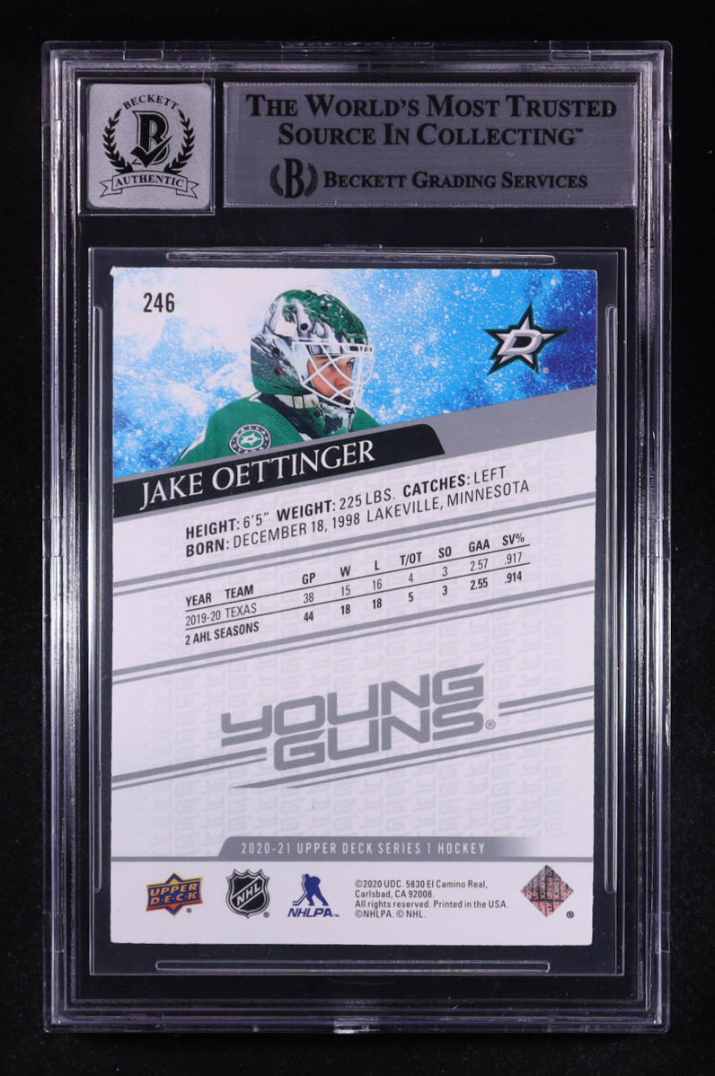 Jake Oettinger Signed 2020-21 Upper Deck Young Guns #246 RC (BGS | Autograph Graded BGS 10) at PristineAuction.com Jake Oettinger Signed 2020-21 Upper Deck Young Guns #246 RC (BGS | Autograph Graded BGS 10) at PristineAuction.com