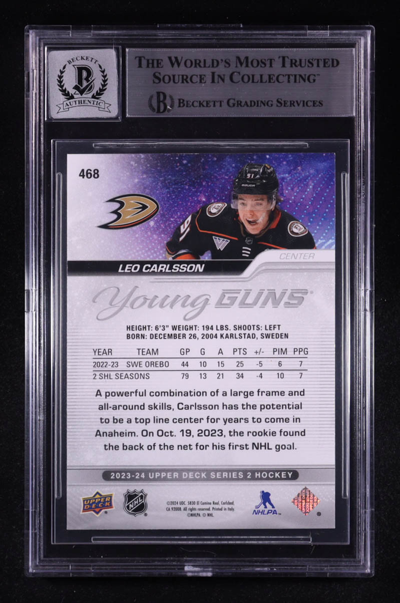 Leo Carlsson Signed 2023-24 Upper Deck Young Guns #468 RC (BGS | Autograph Graded BGS 10) at PristineAuction.com Leo Carlsson Signed 2023-24 Upper Deck Young Guns #468 RC (BGS | Autograph Graded BGS 10) at PristineAuction.com