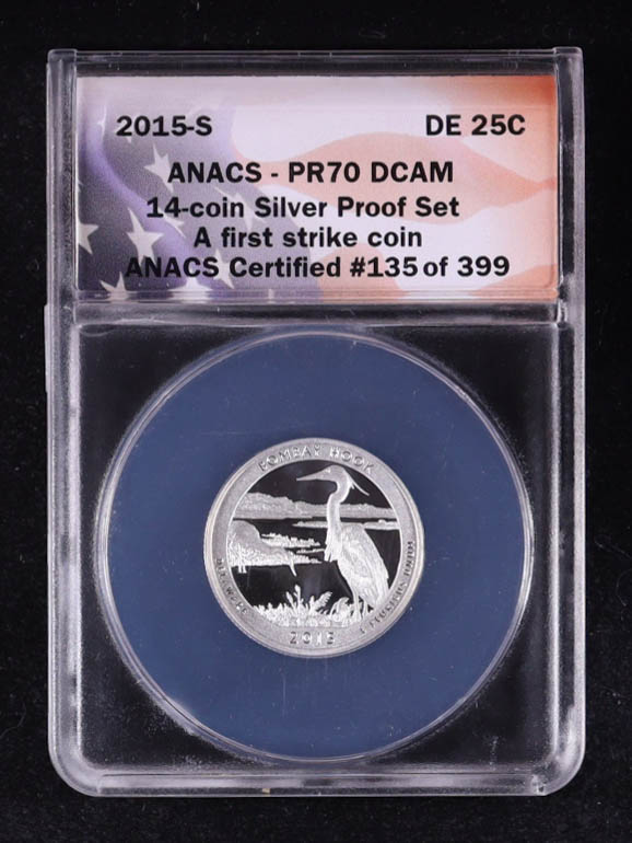 2015-S America the Beautiful Quarter, Bombay Hook - 14-Coin 90% Silver Proof Set - First Strike Certified #135/399 (ANACS PR70 DCAM) at PristineAuction.com 2015-S America the Beautiful Quarter, Bombay Hook - 14-Coin 90% Silver Proof Set - First Strike Certified #135/399 (ANACS PR70 DCAM) at PristineAuction.com