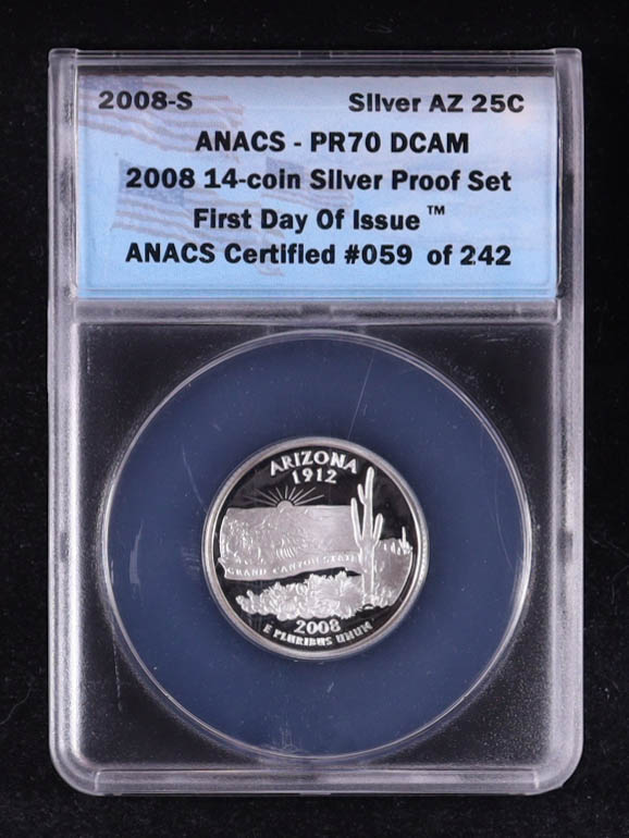 2008-S U.S. State Quarter, Arizona - 14-Coin 90% Silver First Day of Issue Proof Set - Certified #59/242 (ANACS PR70 DCAM) at PristineAuction.com 2008-S U.S. State Quarter, Arizona - 14-Coin 90% Silver First Day of Issue Proof Set - Certified #59/242 (ANACS PR70 DCAM) at PristineAuction.com