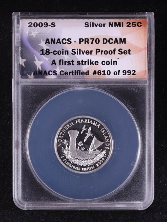 2009-S U.S. Territories Quarter, Northern Mariana Islands 18-Coin 90% Silver Proof Set - First Strike Certified #610/992 (ANACS PR70 DCAM) at PristineAuction.com 2009-S U.S. Territories Quarter, Northern Mariana Islands 18-Coin 90% Silver Proof Set - First Strike Certified #610/992 (ANACS PR70 DCAM) at PristineAuction.com