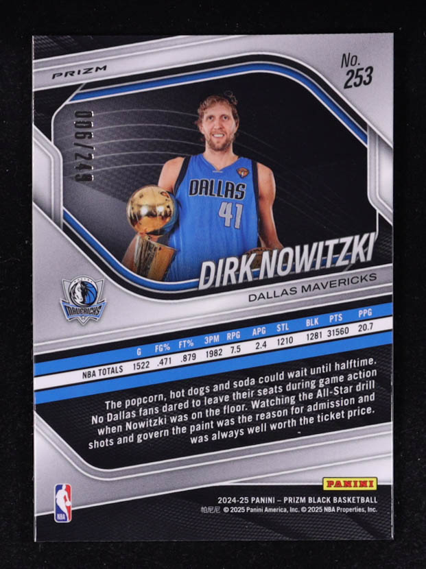 Dirk Nowitzki 2024-25 Panini Prizm Black Prizms Skewed #253 #006/249 LGD at PristineAuction.com Dirk Nowitzki 2024-25 Panini Prizm Black Prizms Skewed #253 #006/249 LGD at PristineAuction.com