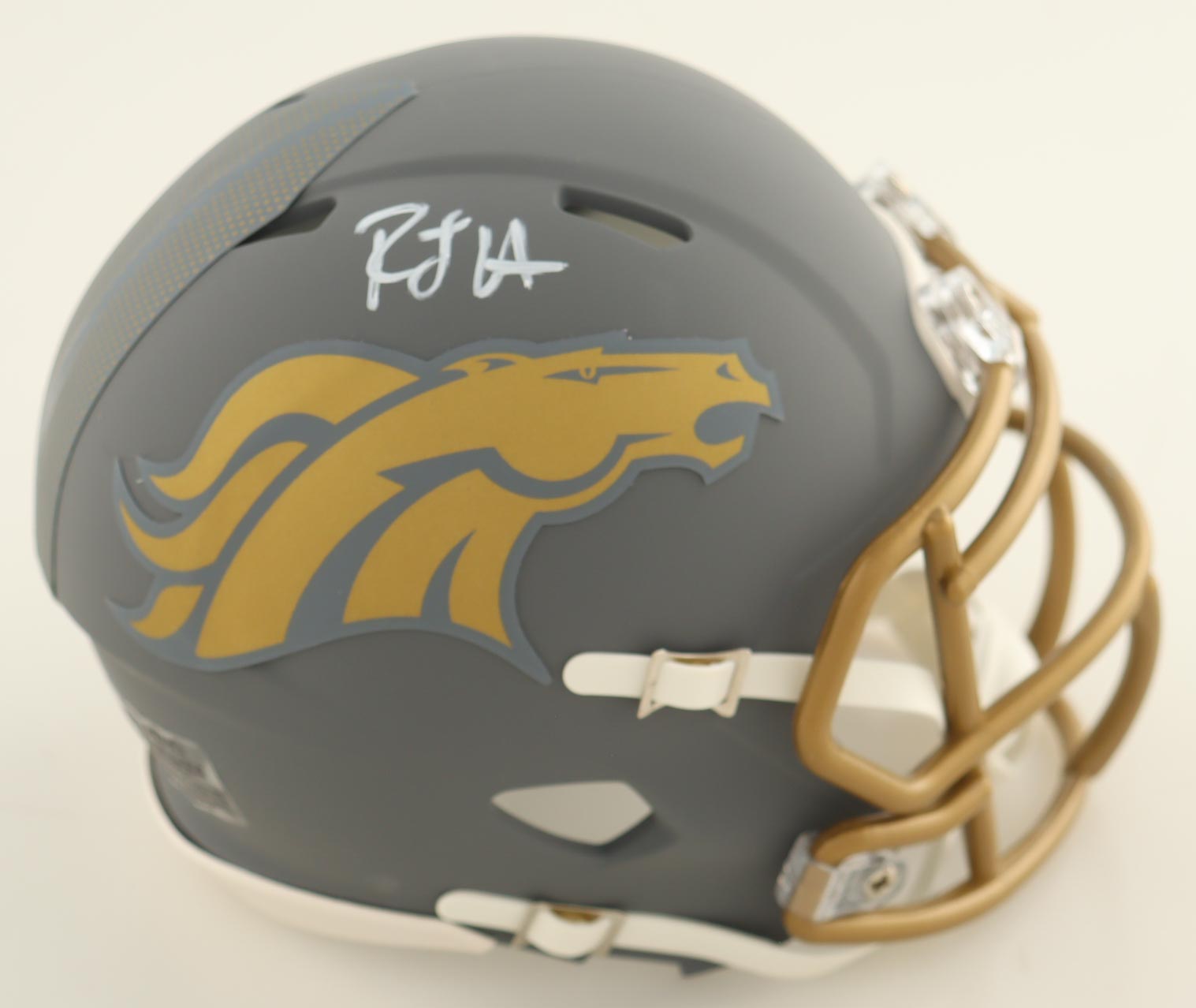 RJ Harvey Signed Broncos Slate Alternate Speed Mini Helmet (JSA) at PristineAuction.com RJ Harvey Signed Broncos Slate Alternate Speed Mini Helmet (JSA) at PristineAuction.com