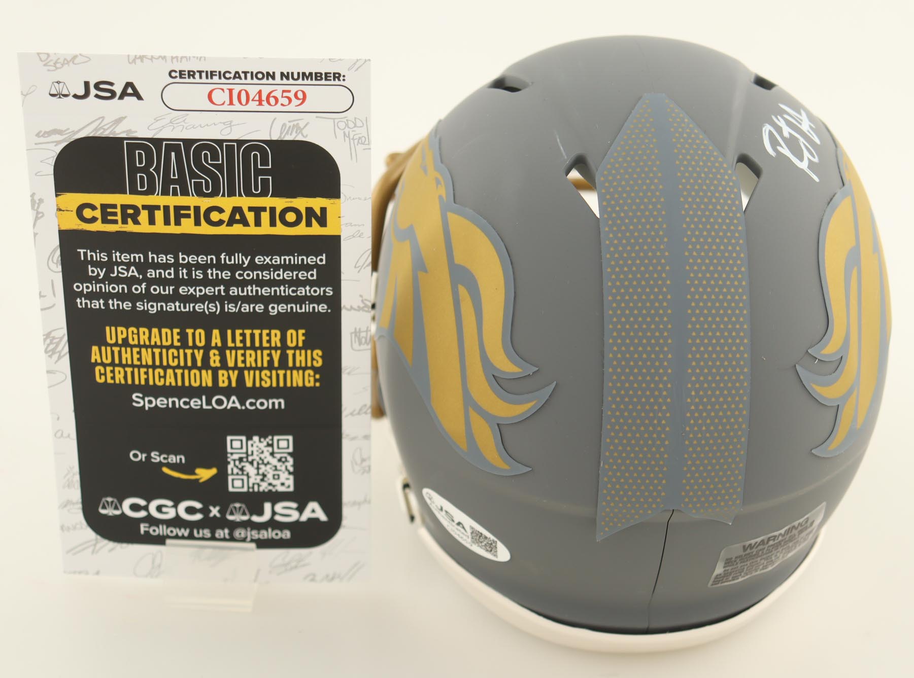 RJ Harvey Signed Broncos Slate Alternate Speed Mini Helmet (JSA) at PristineAuction.com RJ Harvey Signed Broncos Slate Alternate Speed Mini Helmet (JSA) at PristineAuction.com