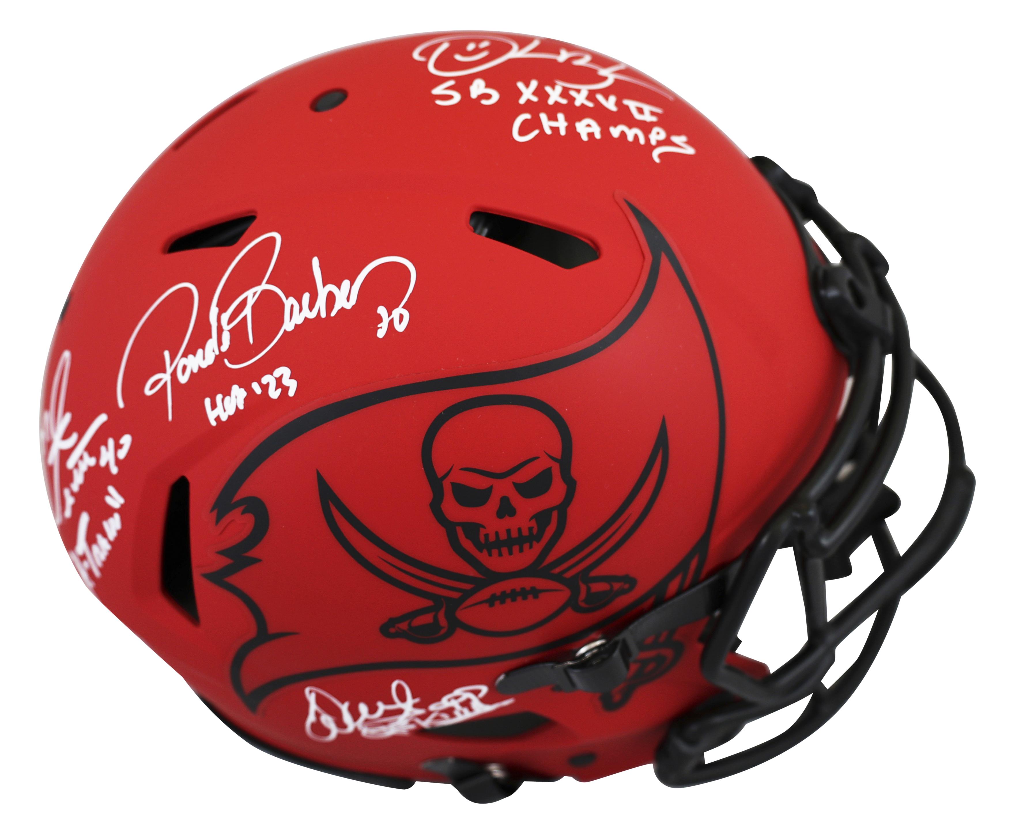 Buccaneers Full-Size Authentic On-Field Rave Alternate Speed Helmet Signed By (4) with Mike Alstott, Ronde Barber, Warren Sapp & Derrick Brooks (Beckett) at PristineAuction.com Buccaneers Full-Size Authentic On-Field Rave Alternate Speed Helmet Signed By (4) with Mike Alstott, Ronde Barber, Warren Sapp & Derrick Brooks (Beckett) at PristineAuction.com