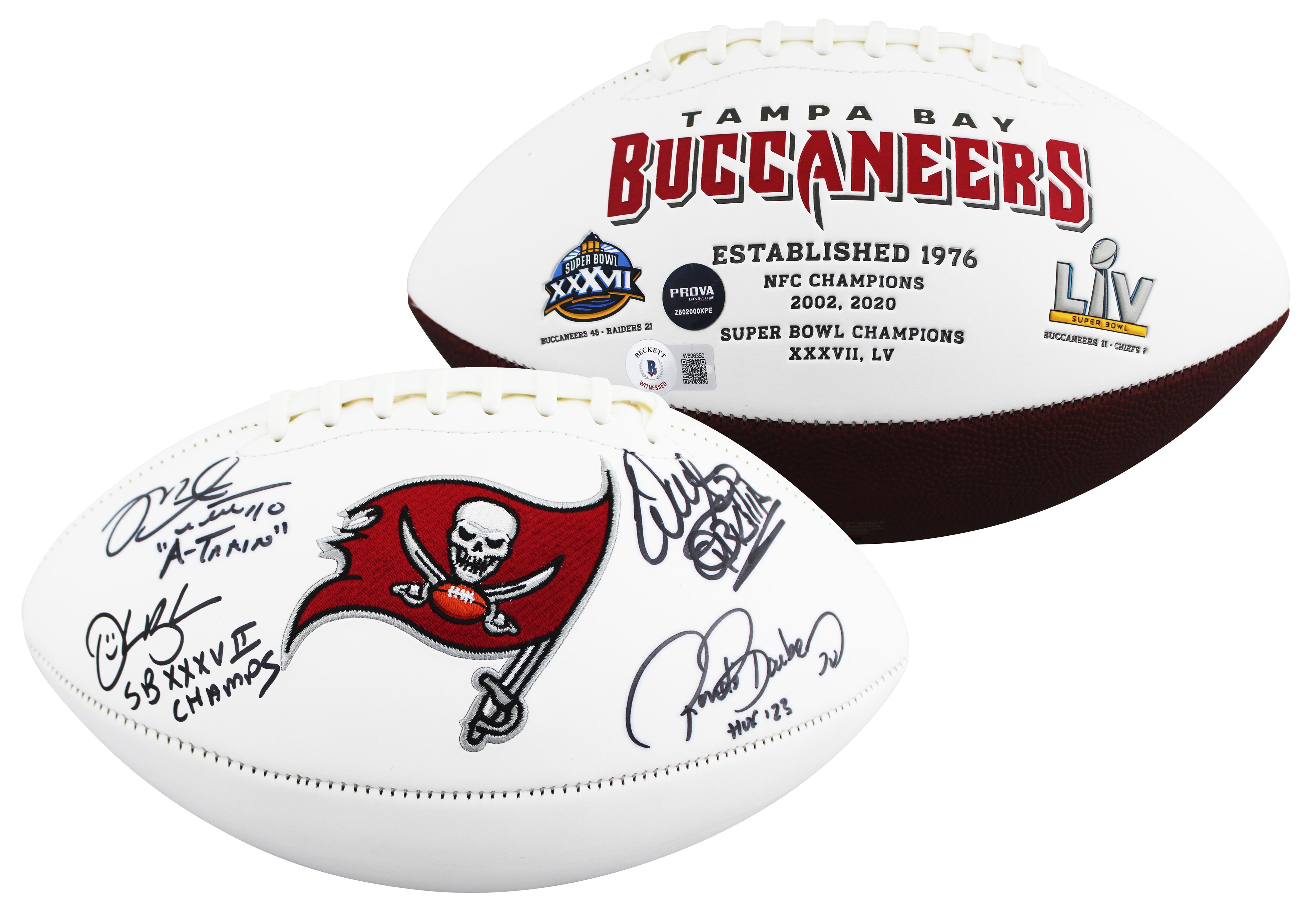 Buccaneers Logo Football Signed & Inscribed By (4) with Mike Alstott, Ronde Barber, Warren Sapp & Derrick Brooks (Beckett) at PristineAuction.com Buccaneers Logo Football Signed & Inscribed By (4) with Mike Alstott, Ronde Barber, Warren Sapp & Derrick Brooks (Beckett) at PristineAuction.com