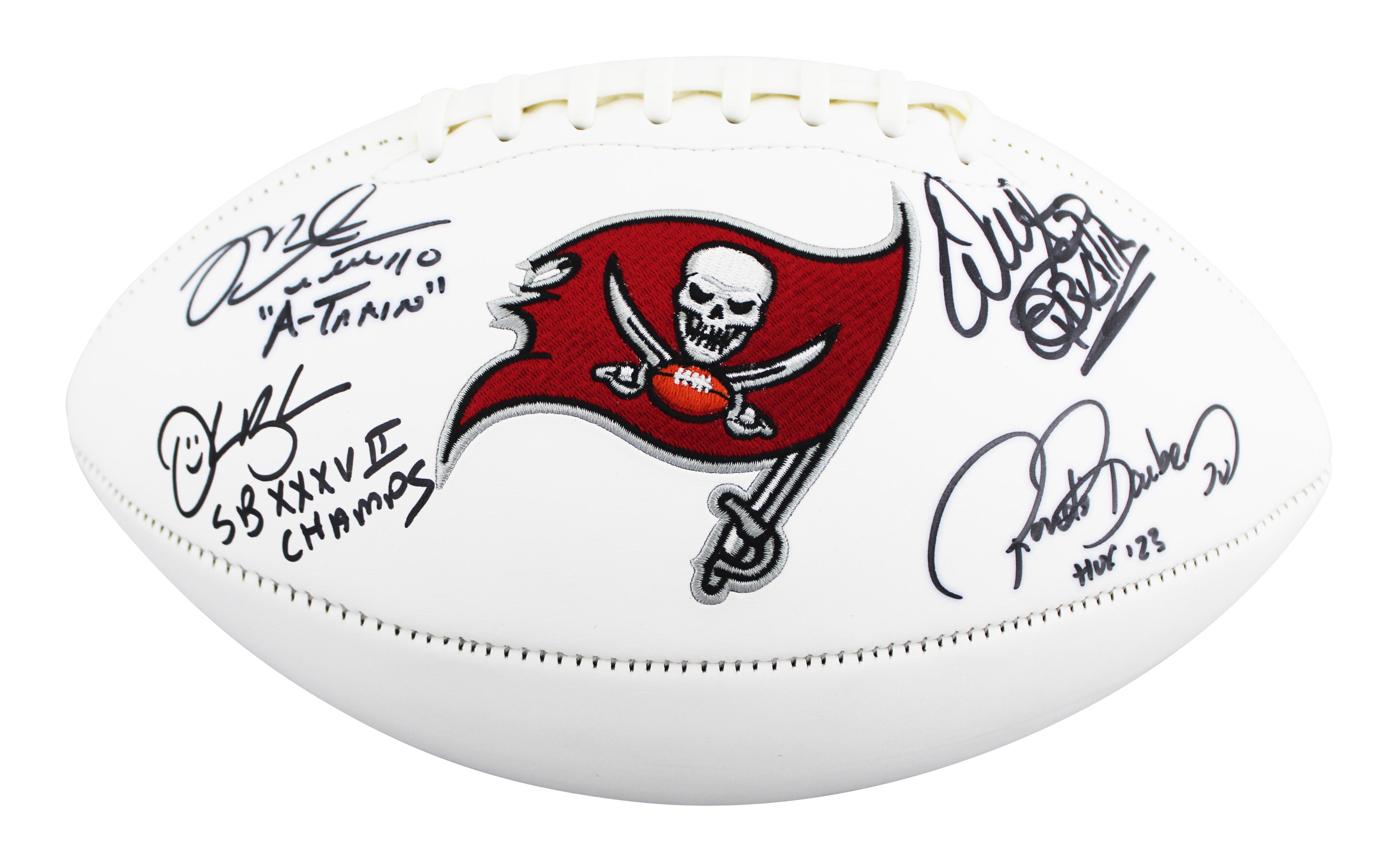 Buccaneers Logo Football Signed & Inscribed By (4) with Mike Alstott, Ronde Barber, Warren Sapp & Derrick Brooks (Beckett) at PristineAuction.com Buccaneers Logo Football Signed & Inscribed By (4) with Mike Alstott, Ronde Barber, Warren Sapp & Derrick Brooks (Beckett) at PristineAuction.com