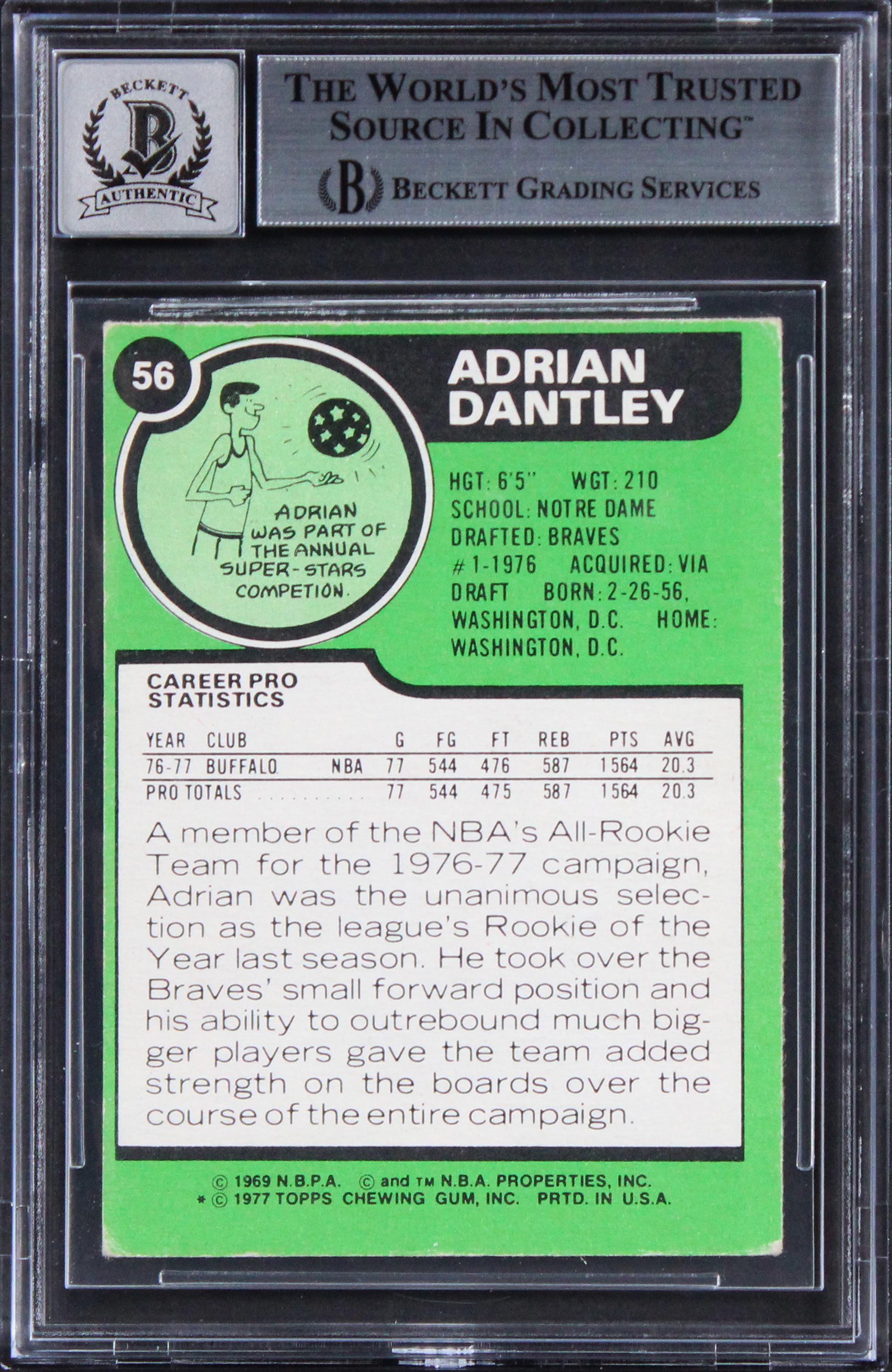 Adrian Dantley Signed 1977 Topps #56 Inscribed "ROY 76/77" & "HOF 2008" (BGS | Auto 10) at PristineAuction.com Adrian Dantley Signed 1977 Topps #56 Inscribed "ROY 76/77" & "HOF 2008" (BGS | Auto 10) at PristineAuction.com