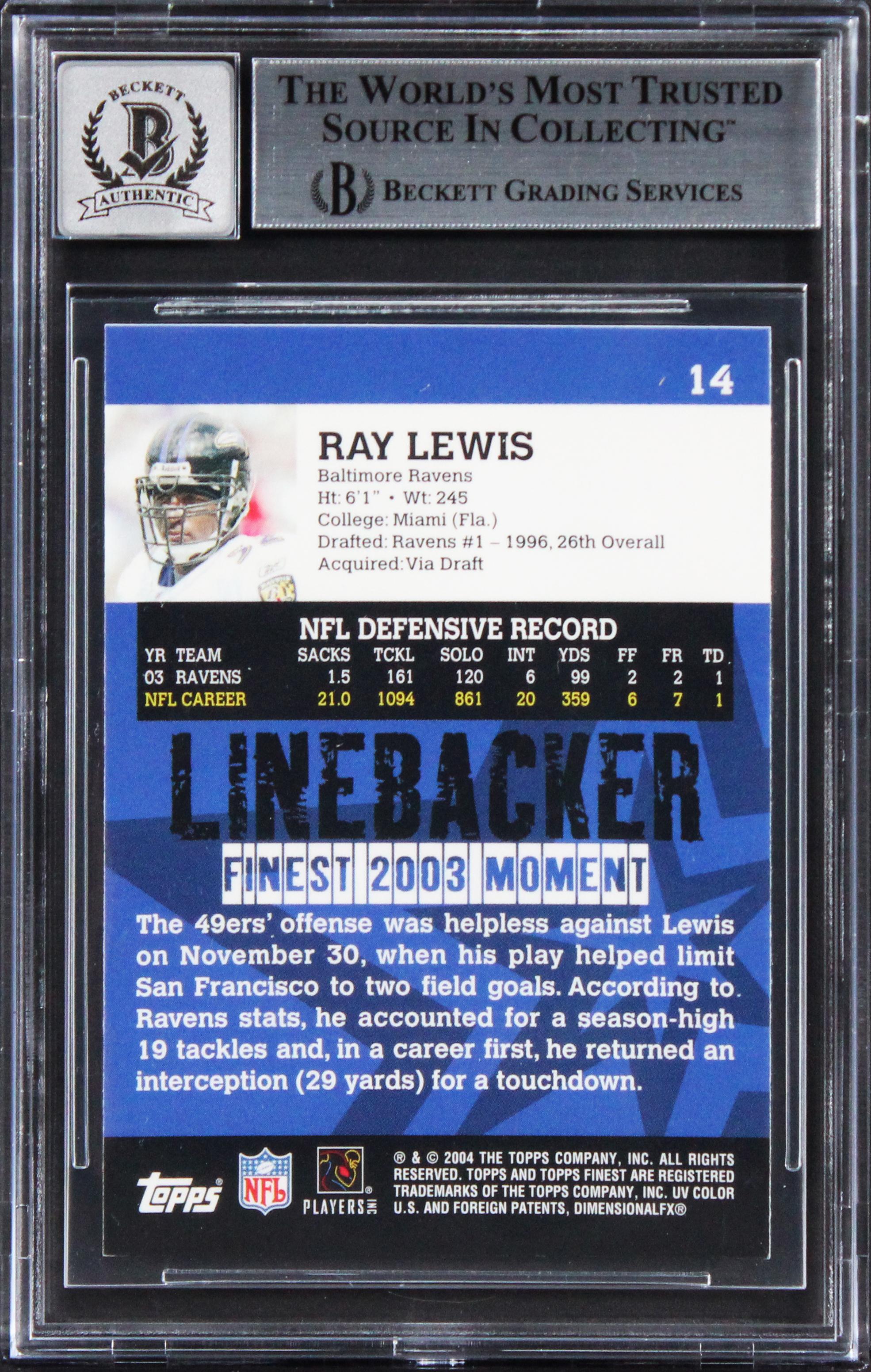 Ray Lewis Signed 2001 Finest #14 (BGS | Auto 10) at PristineAuction.com Ray Lewis Signed 2001 Finest #14 (BGS | Auto 10) at PristineAuction.com