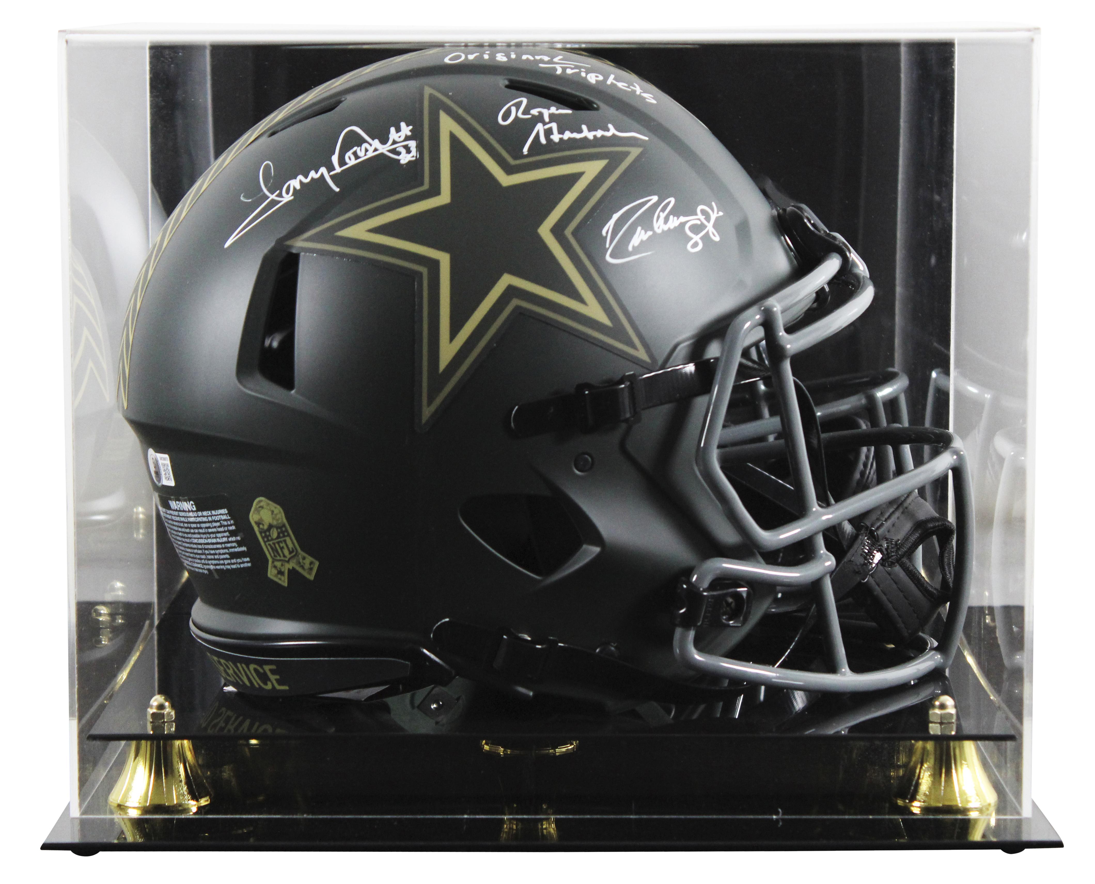 Roger Staubach, Tony Dorsett & Drew Pearson Signed Cowboys Full-Size Authentic On-Field Salute to Service Speed Helmet Inscribed "Original Triplets"(Beckett) at PristineAuction.com Roger Staubach, Tony Dorsett & Drew Pearson Signed Cowboys Full-Size Authentic On-Field Salute to Service Speed Helmet Inscribed "Original Triplets"(Beckett) at PristineAuction.com