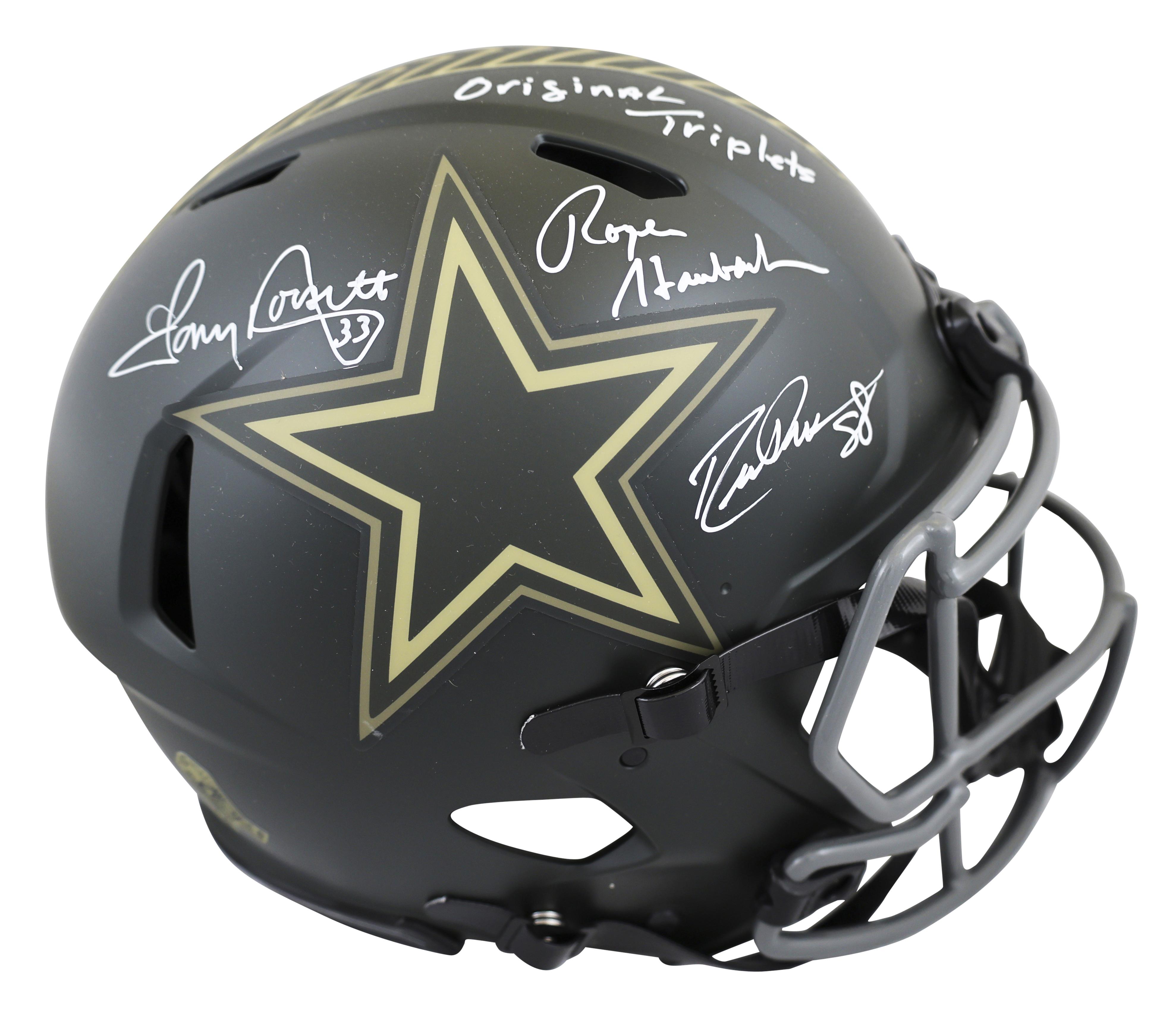 Roger Staubach, Tony Dorsett & Drew Pearson Signed Cowboys Full-Size Authentic On-Field Salute to Service Speed Helmet Inscribed "Original Triplets"(Beckett) at PristineAuction.com Roger Staubach, Tony Dorsett & Drew Pearson Signed Cowboys Full-Size Authentic On-Field Salute to Service Speed Helmet Inscribed "Original Triplets"(Beckett) at PristineAuction.com