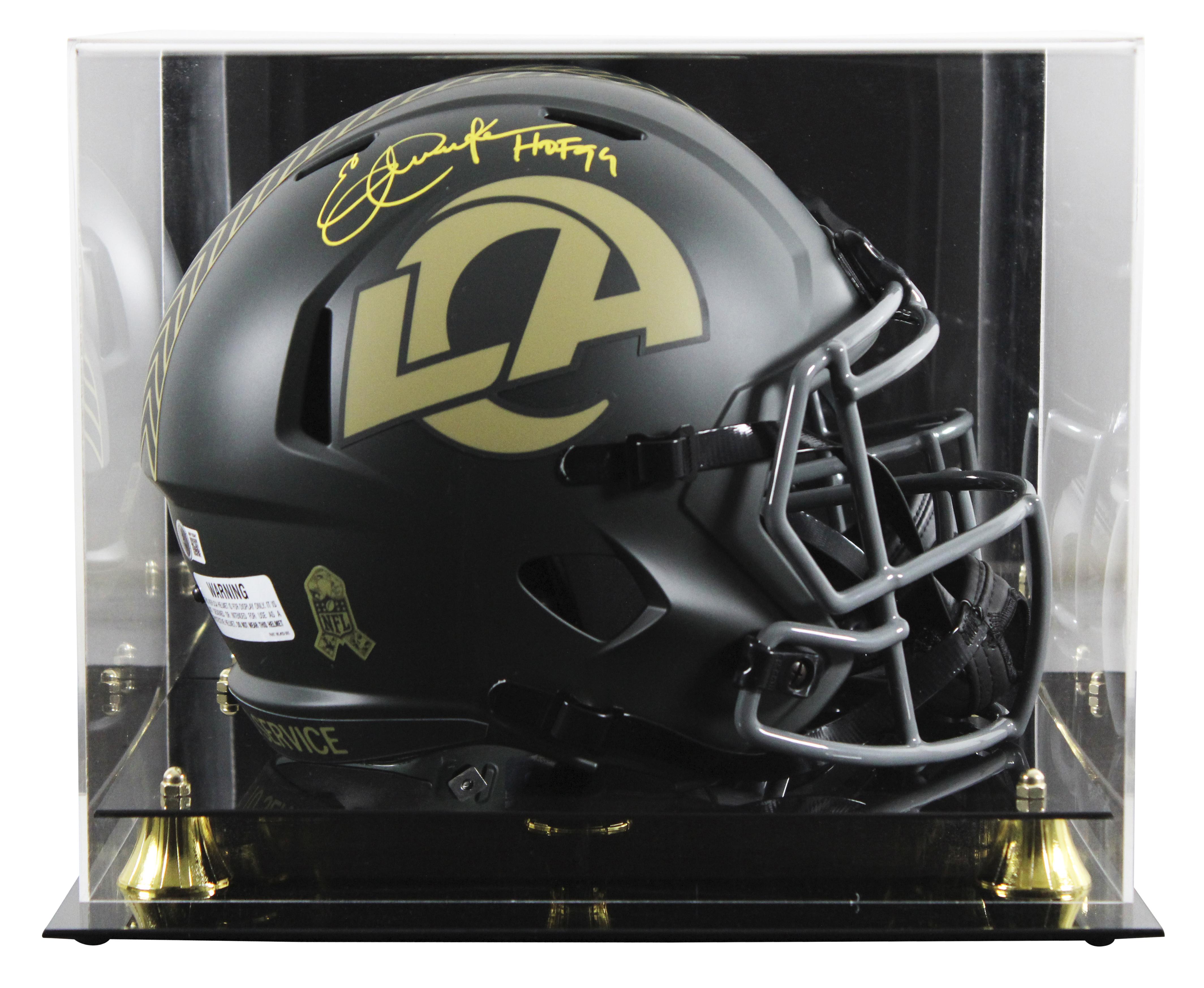 Eric Dickerson Signed Rams Full-Size Salute to Service Alternate Speed Helmet Inscribed "HOF 99" with Display Case (Beckett) at PristineAuction.com Eric Dickerson Signed Rams Full-Size Salute to Service Alternate Speed Helmet Inscribed "HOF 99" with Display Case (Beckett) at PristineAuction.com