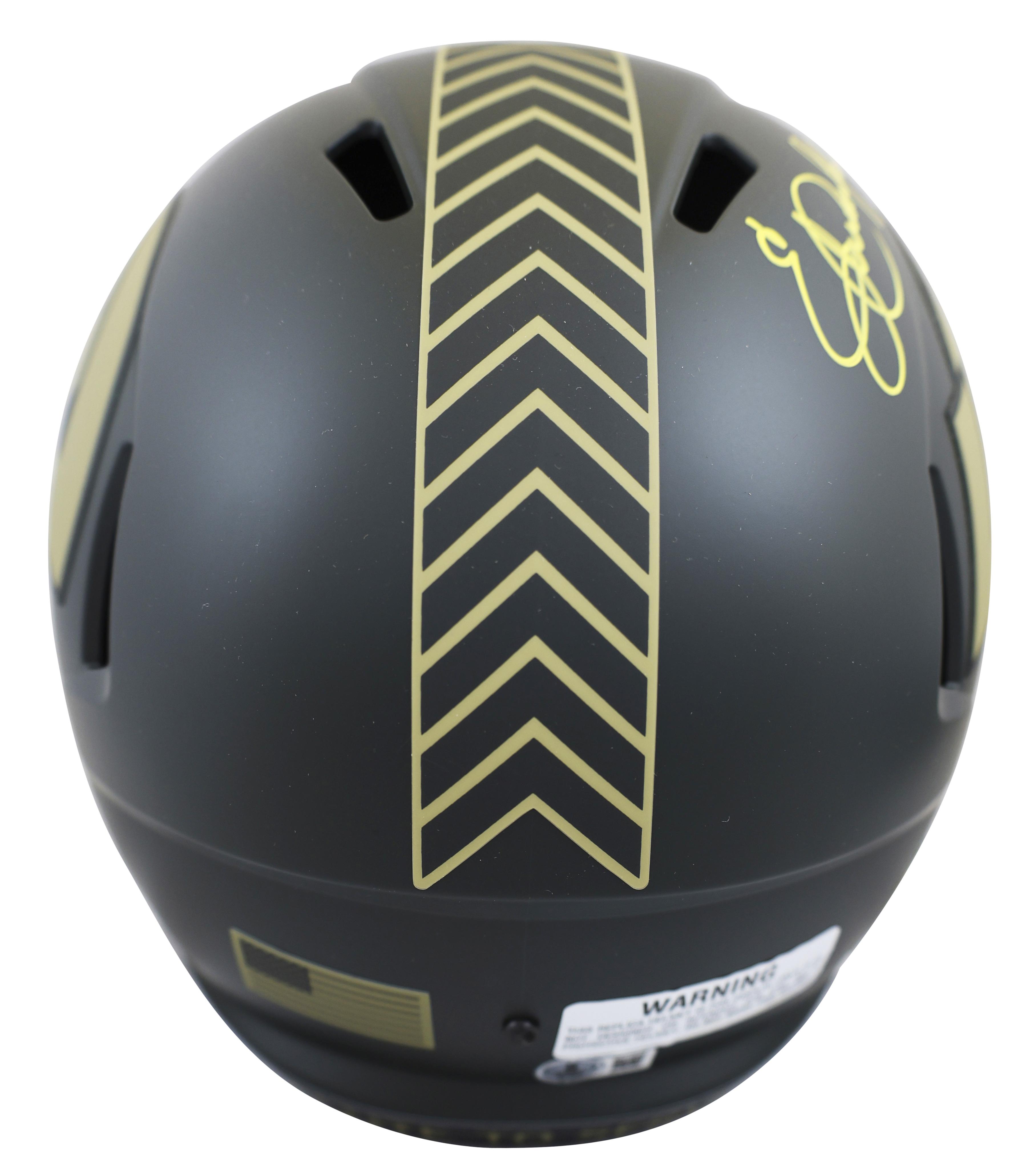 Eric Dickerson Signed Rams Full-Size Salute to Service Alternate Speed Helmet Inscribed "HOF 99" with Display Case (Beckett) at PristineAuction.com Eric Dickerson Signed Rams Full-Size Salute to Service Alternate Speed Helmet Inscribed "HOF 99" with Display Case (Beckett) at PristineAuction.com