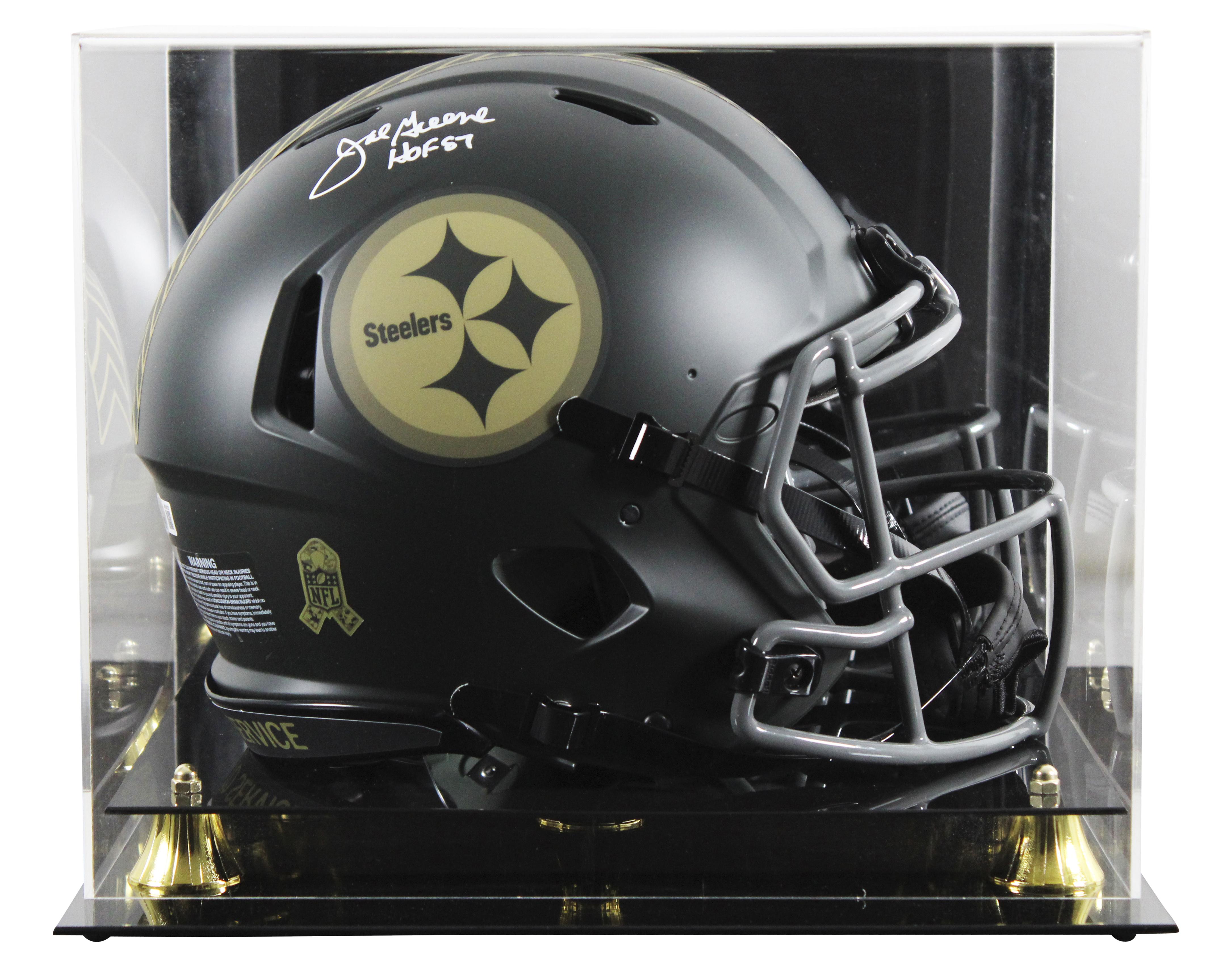 Joe Greene Signed Steelers Full-Size Authentic On-Field Salute to Service Alternate Speed Helmet Inscribed "HOF 87" with Display Case (Beckett) at PristineAuction.com Joe Greene Signed Steelers Full-Size Authentic On-Field Salute to Service Alternate Speed Helmet Inscribed "HOF 87" with Display Case (Beckett) at PristineAuction.com
