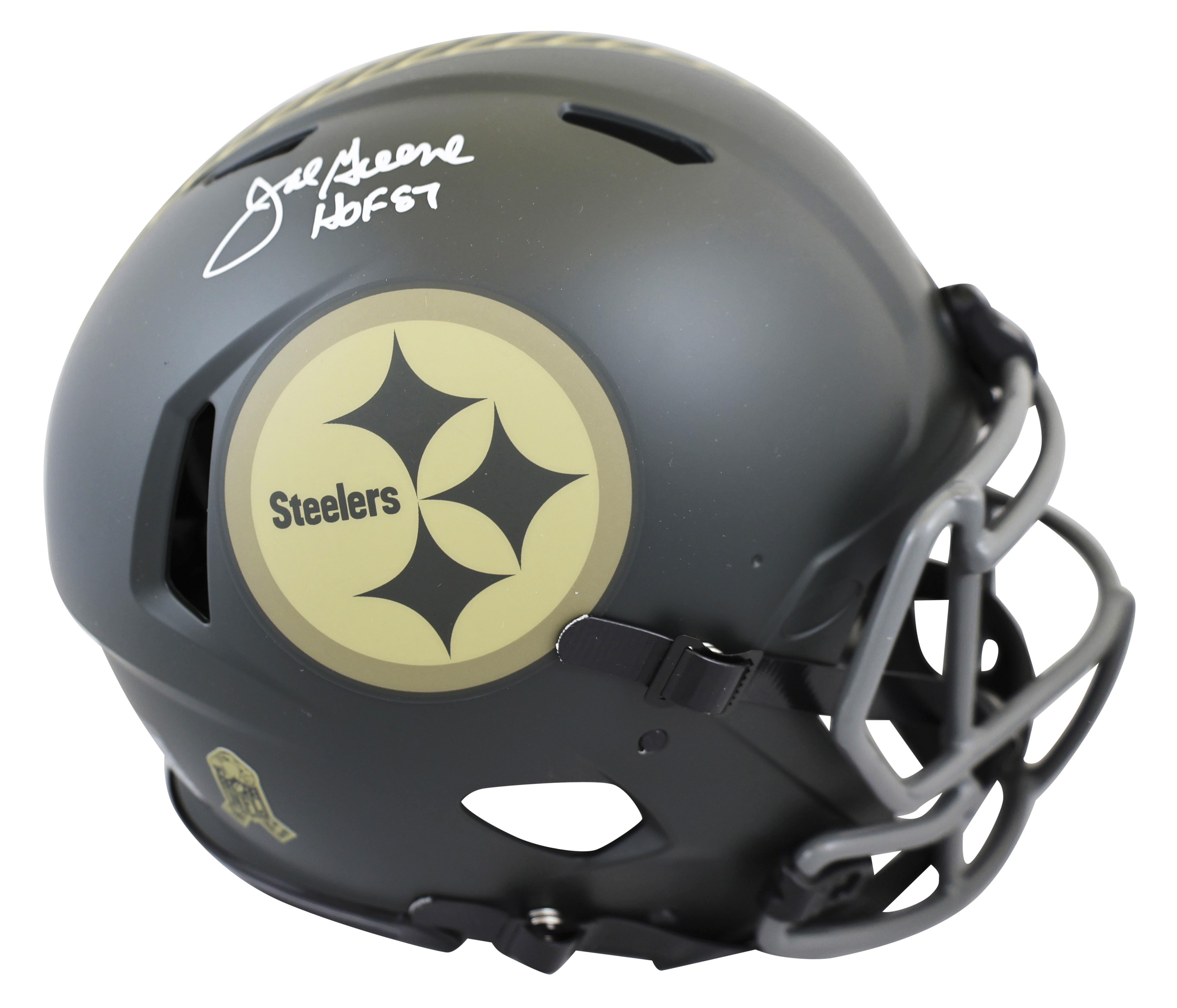 Joe Greene Signed Steelers Full-Size Authentic On-Field Salute to Service Alternate Speed Helmet Inscribed "HOF 87" with Display Case (Beckett) at PristineAuction.com Joe Greene Signed Steelers Full-Size Authentic On-Field Salute to Service Alternate Speed Helmet Inscribed "HOF 87" with Display Case (Beckett) at PristineAuction.com