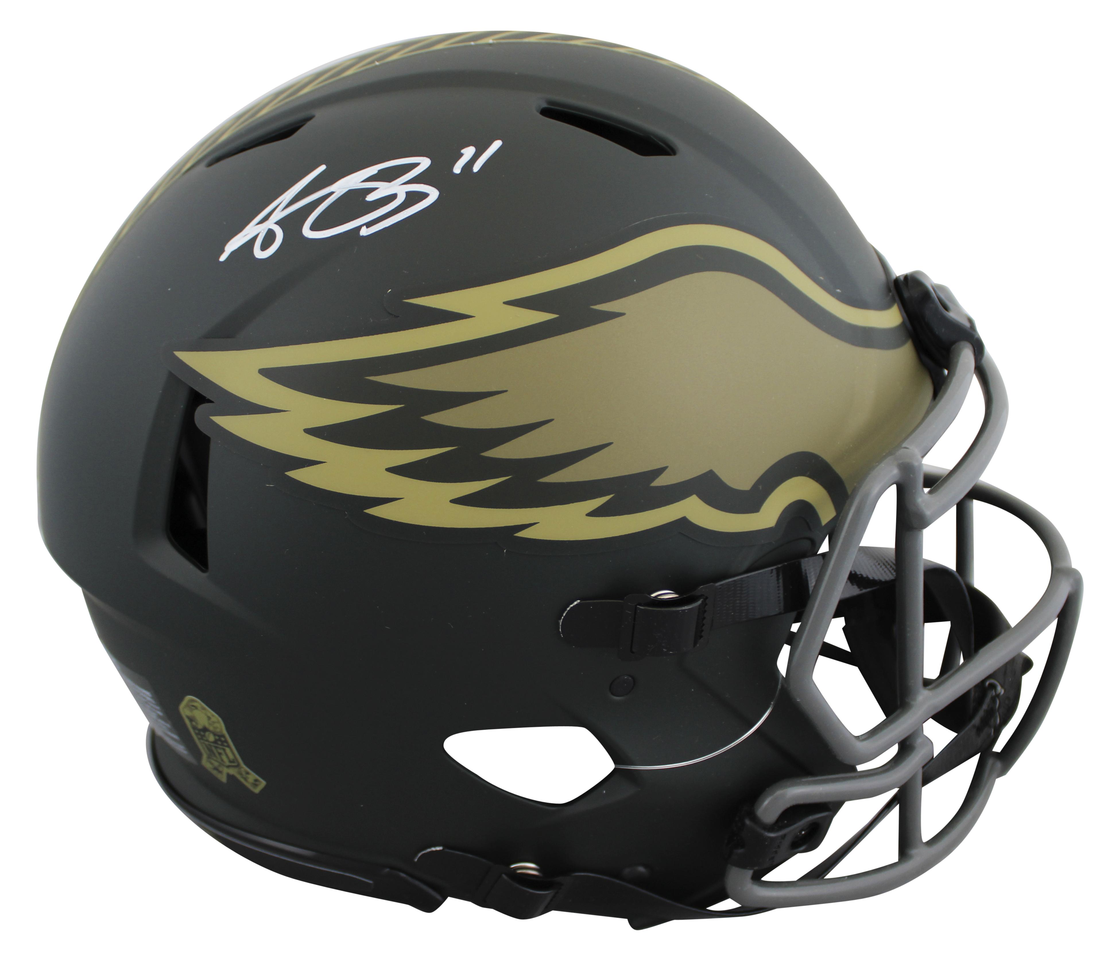 A.J. Brown Signed Eagles Full-Size Authentic On-Field Salute to Service Alternate Speed Helmet with Display Case (Beckett) at PristineAuction.com A.J. Brown Signed Eagles Full-Size Authentic On-Field Salute to Service Alternate Speed Helmet with Display Case (Beckett) at PristineAuction.com