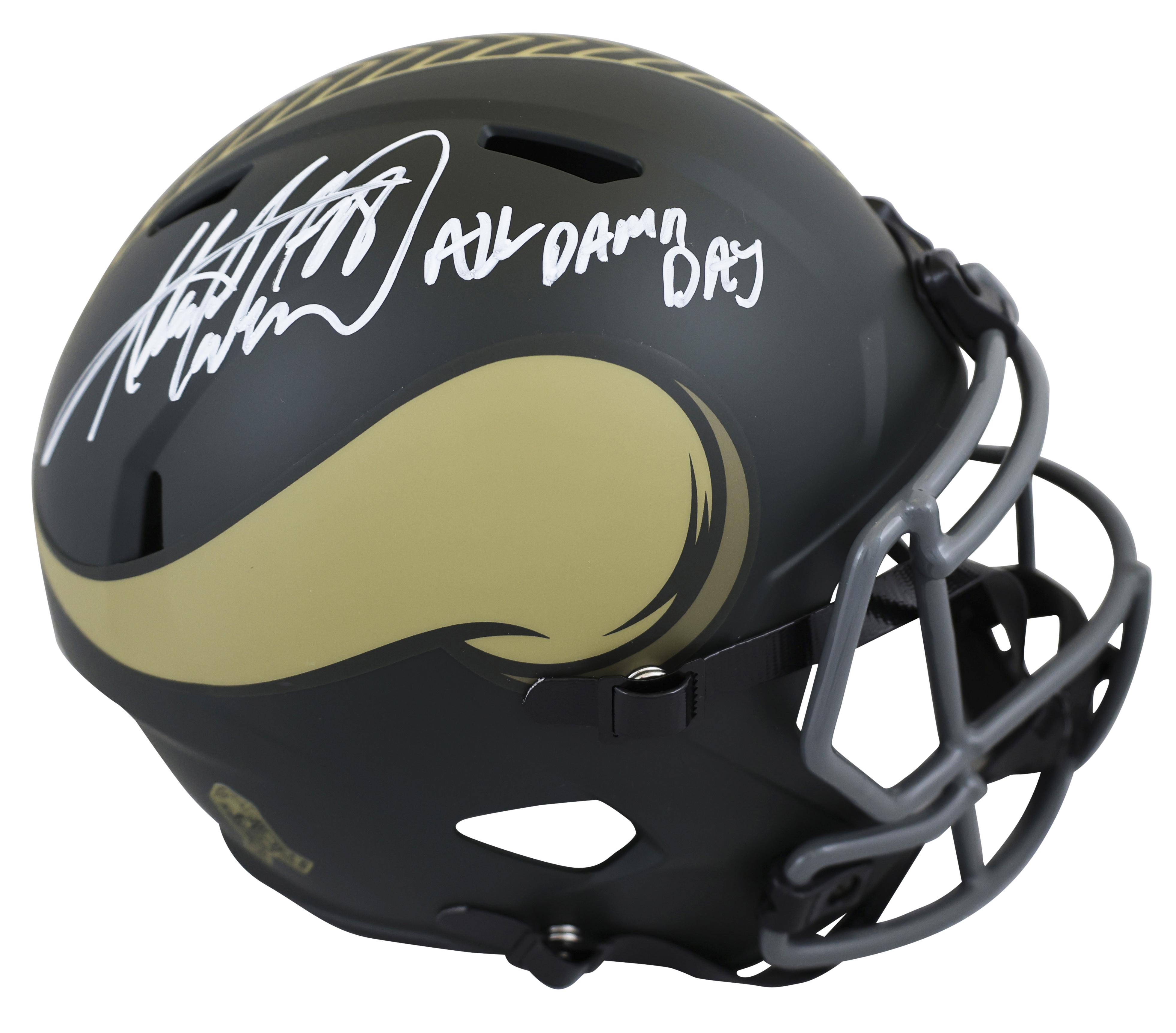 Adrian Peterson Signed Vikings Full-Size Salute to Service Alternate Speed Helmet Inscribed "All D*** Day" with Display Case (Beckett) at PristineAuction.com Adrian Peterson Signed Vikings Full-Size Salute to Service Alternate Speed Helmet Inscribed "All D*** Day" with Display Case (Beckett) at PristineAuction.com