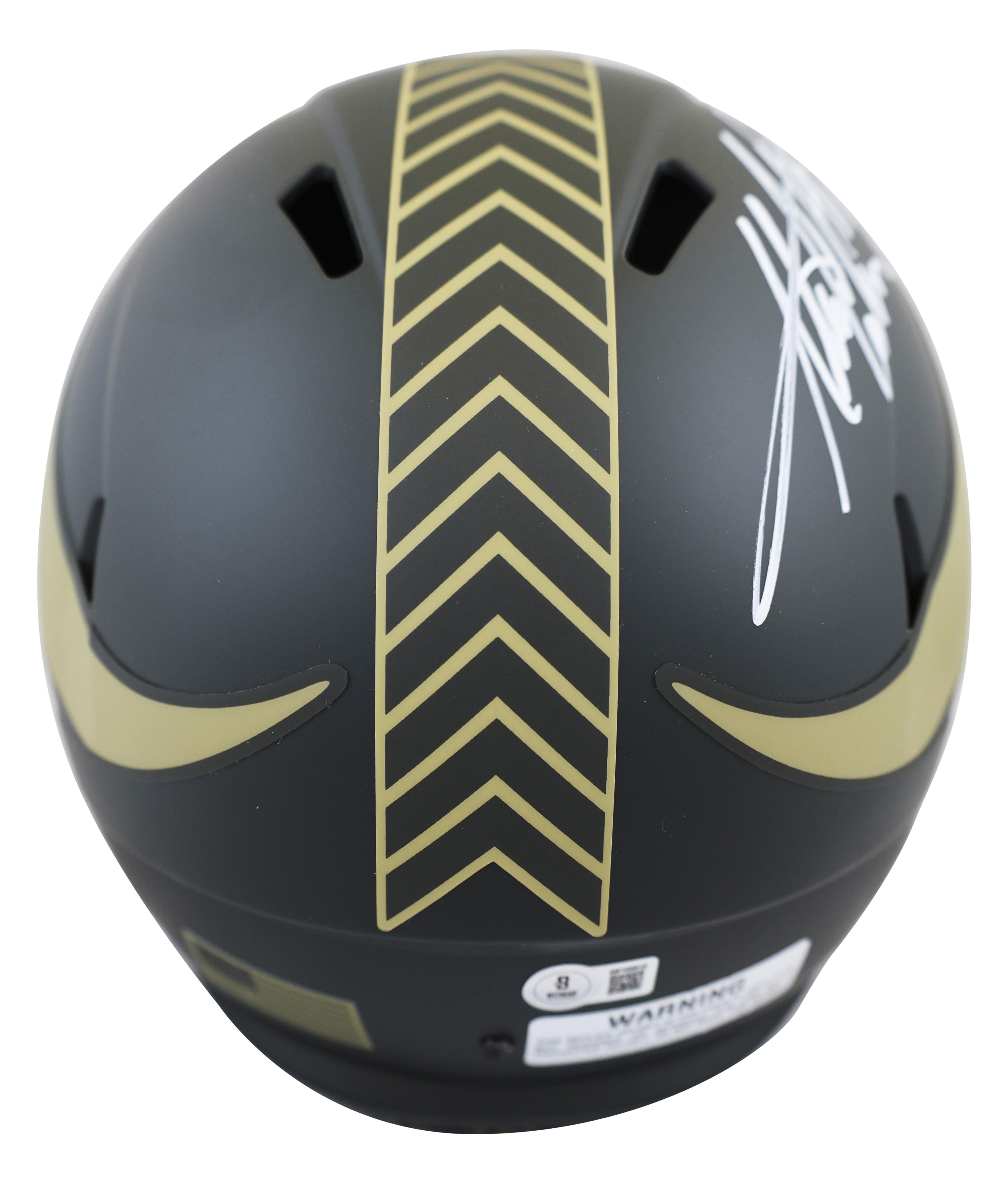 Adrian Peterson Signed Vikings Full-Size Salute to Service Alternate Speed Helmet Inscribed "All D*** Day" with Display Case (Beckett) at PristineAuction.com Adrian Peterson Signed Vikings Full-Size Salute to Service Alternate Speed Helmet Inscribed "All D*** Day" with Display Case (Beckett) at PristineAuction.com