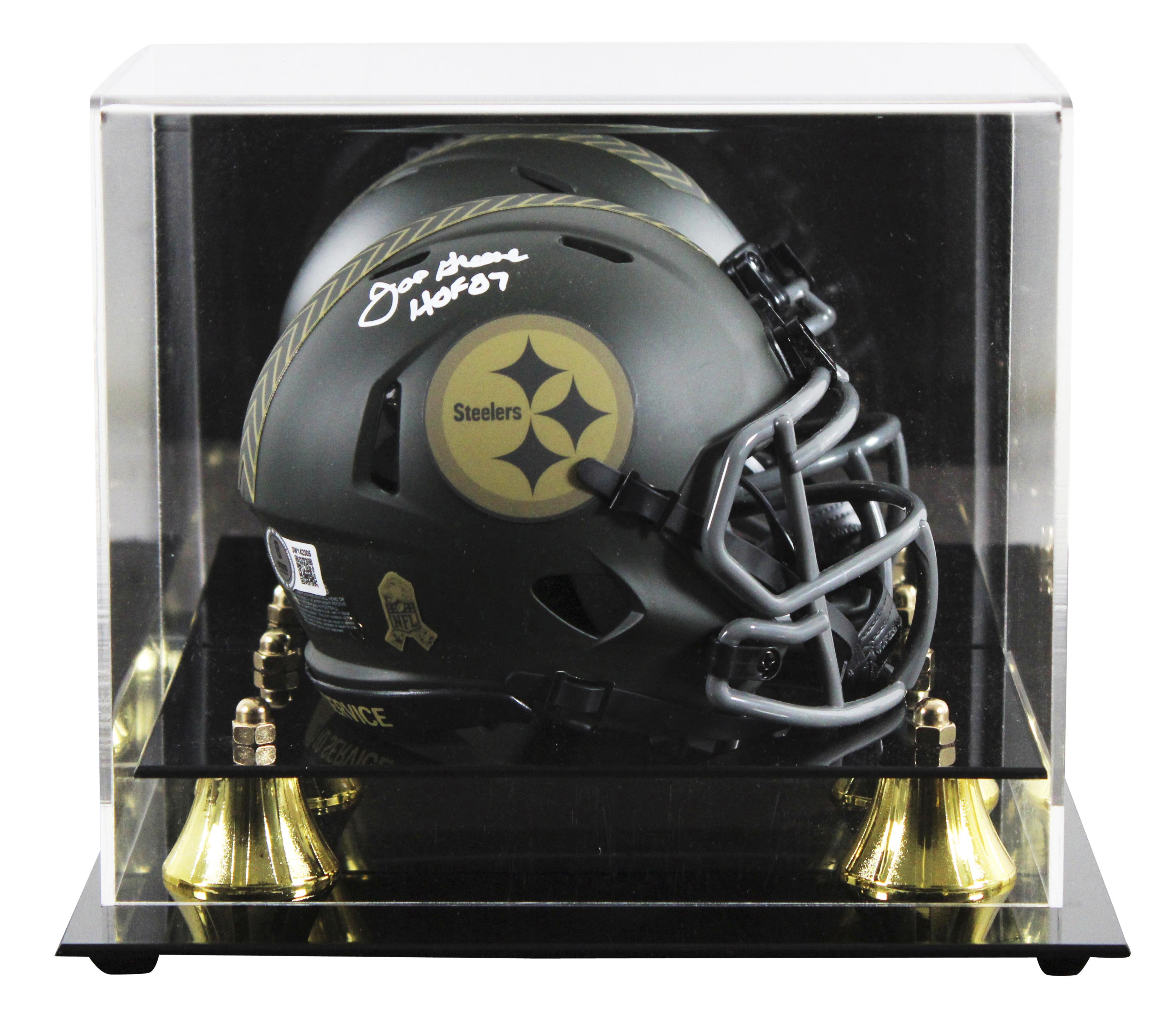 Joe Greene Signed Steelers Salute to Service Alternate Speed Mini Helmet Inscribed "HOF 87" with Display Case (Beckett) at PristineAuction.com Joe Greene Signed Steelers Salute to Service Alternate Speed Mini Helmet Inscribed "HOF 87" with Display Case (Beckett) at PristineAuction.com
