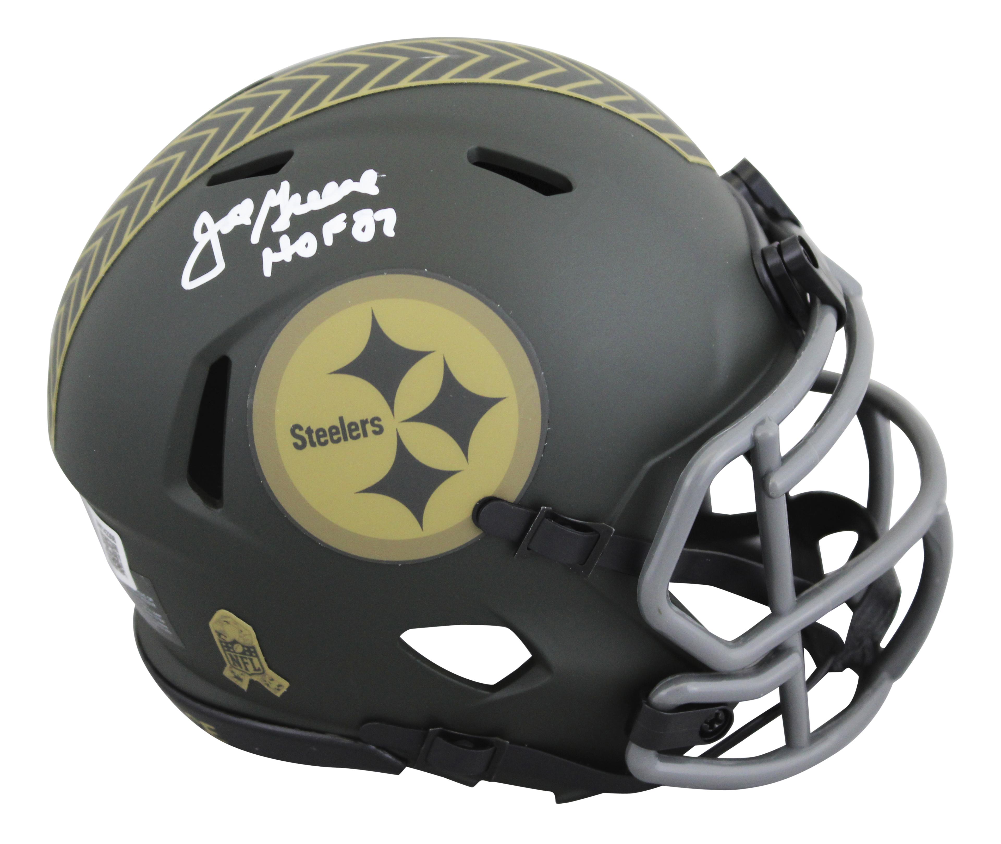 Joe Greene Signed Steelers Salute to Service Alternate Speed Mini Helmet Inscribed "HOF 87" with Display Case (Beckett) at PristineAuction.com Joe Greene Signed Steelers Salute to Service Alternate Speed Mini Helmet Inscribed "HOF 87" with Display Case (Beckett) at PristineAuction.com