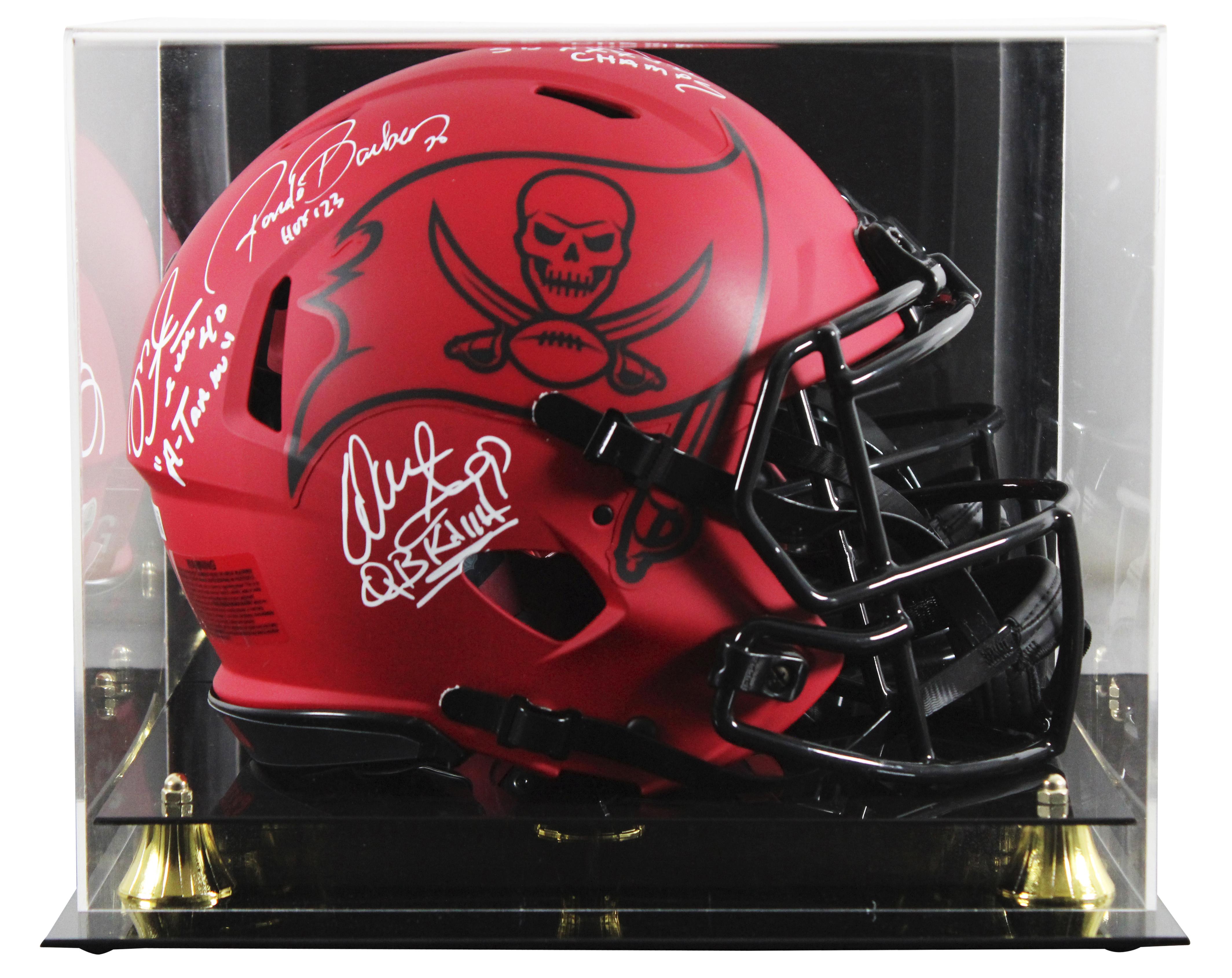 Buccaneers Full-Size Authentic On-Field Rave Alternate Speed Helmet Signed By (4) with Mike Alstott, Ronde Barber, Warren Sapp & Derrick Brooks (Beckett) at PristineAuction.com Buccaneers Full-Size Authentic On-Field Rave Alternate Speed Helmet Signed By (4) with Mike Alstott, Ronde Barber, Warren Sapp & Derrick Brooks (Beckett) at PristineAuction.com