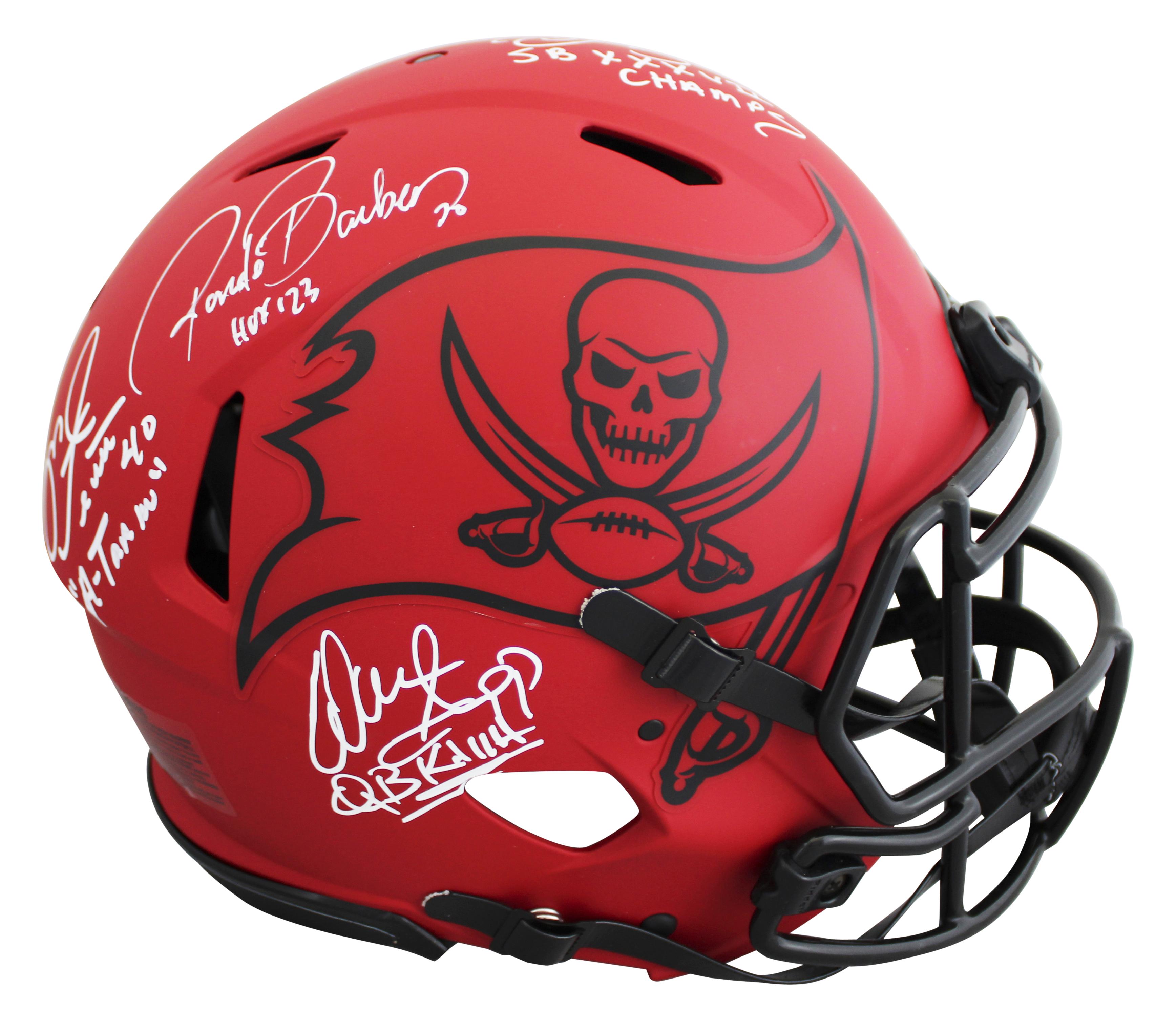 Buccaneers Full-Size Authentic On-Field Rave Alternate Speed Helmet Signed By (4) with Mike Alstott, Ronde Barber, Warren Sapp & Derrick Brooks (Beckett) at PristineAuction.com Buccaneers Full-Size Authentic On-Field Rave Alternate Speed Helmet Signed By (4) with Mike Alstott, Ronde Barber, Warren Sapp & Derrick Brooks (Beckett) at PristineAuction.com