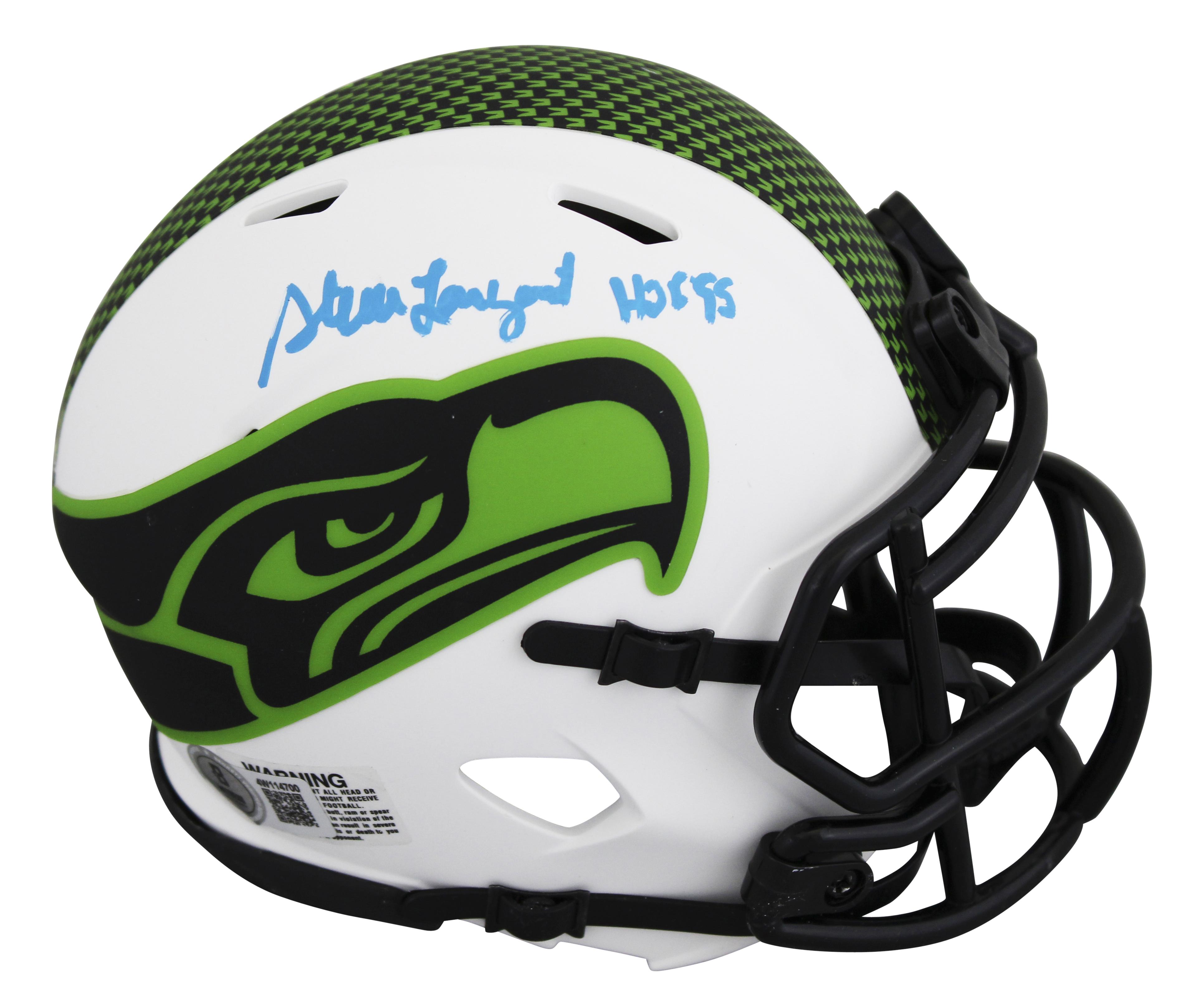Steve Largent Signed Seahawks Lunar Eclipse Alternate Speed Mini Helmet Inscribed "HOF 1995" with Display Case (Beckett) at PristineAuction.com Steve Largent Signed Seahawks Lunar Eclipse Alternate Speed Mini Helmet Inscribed "HOF 1995" with Display Case (Beckett) at PristineAuction.com