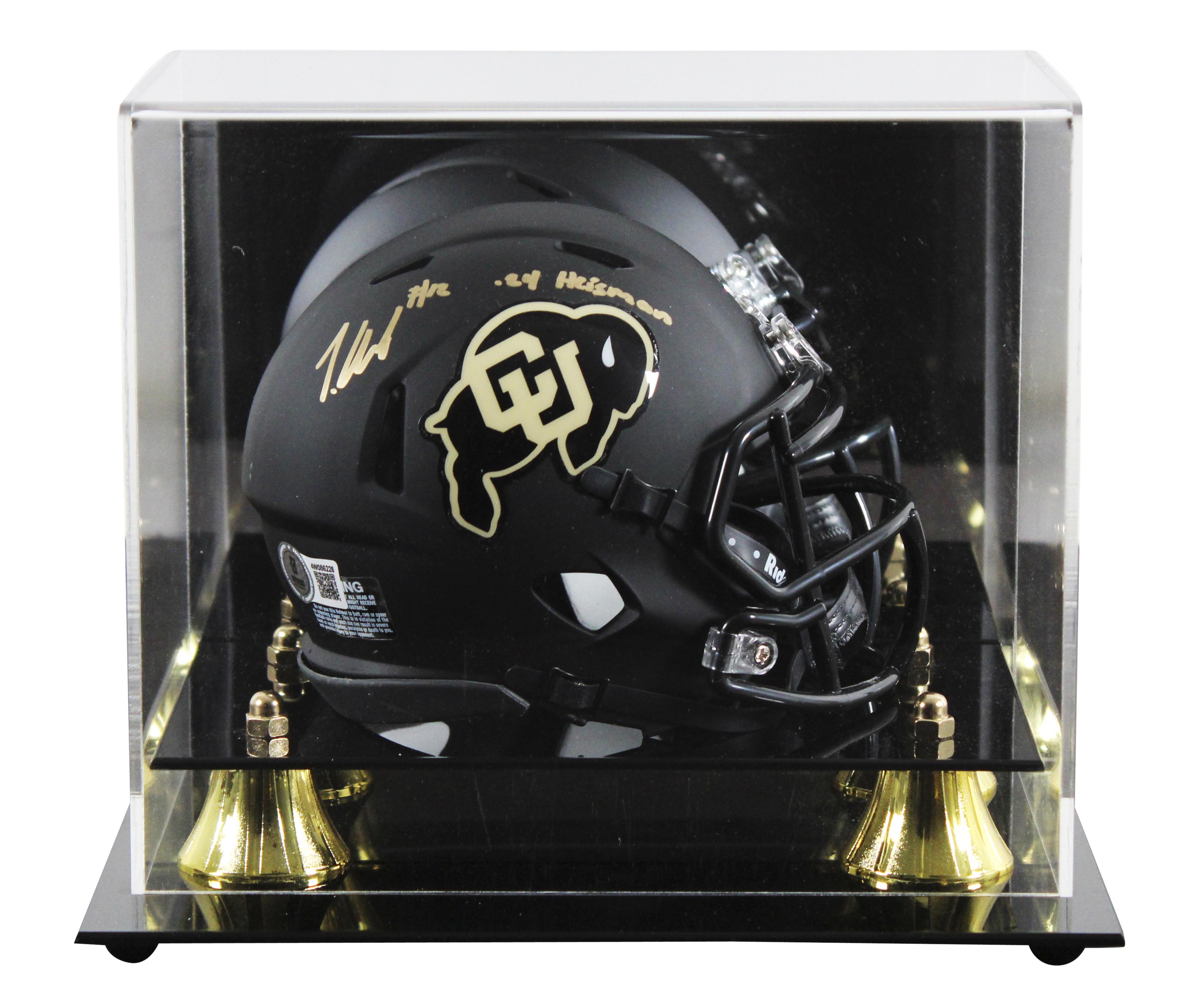 Travis Hunter Signed Colorado Buffaloes Alternate Speed Mini Helmet Inscribed "24 Heisman" with Display Case (Beckett) at PristineAuction.com Travis Hunter Signed Colorado Buffaloes Alternate Speed Mini Helmet Inscribed "24 Heisman" with Display Case (Beckett) at PristineAuction.com