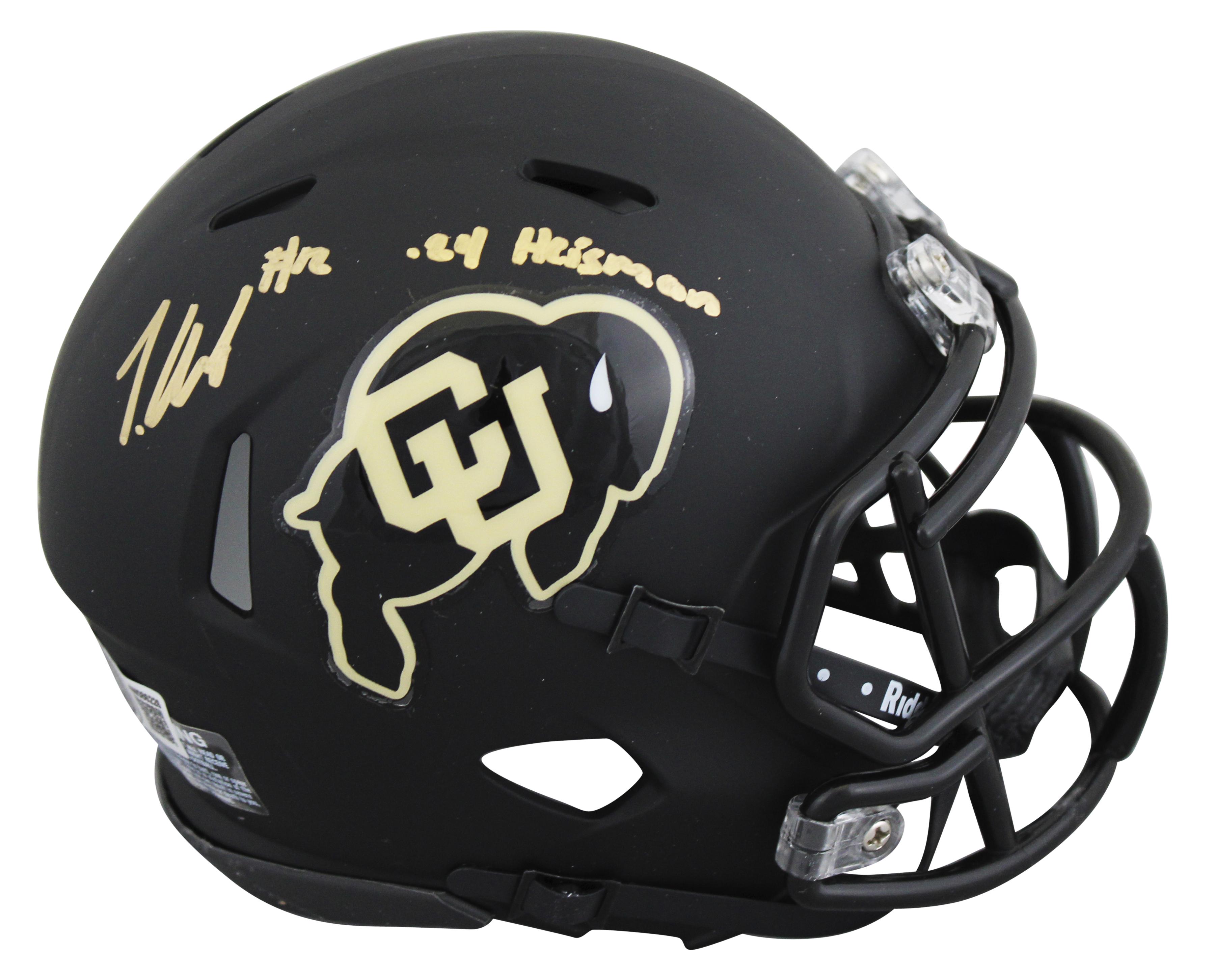 Travis Hunter Signed Colorado Buffaloes Alternate Speed Mini Helmet Inscribed "24 Heisman" with Display Case (Beckett) at PristineAuction.com Travis Hunter Signed Colorado Buffaloes Alternate Speed Mini Helmet Inscribed "24 Heisman" with Display Case (Beckett) at PristineAuction.com