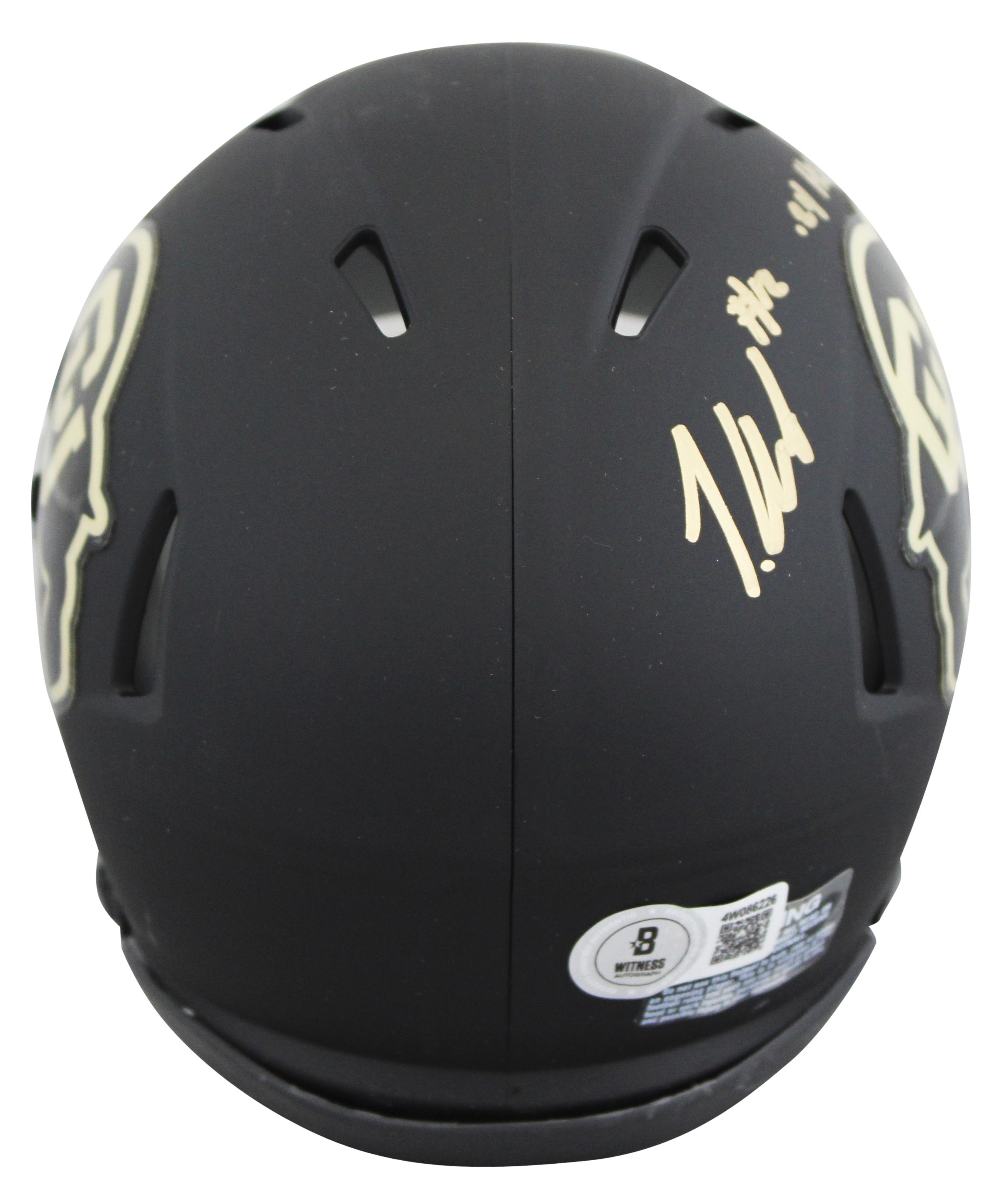 Travis Hunter Signed Colorado Buffaloes Alternate Speed Mini Helmet Inscribed "24 Heisman" with Display Case (Beckett) at PristineAuction.com Travis Hunter Signed Colorado Buffaloes Alternate Speed Mini Helmet Inscribed "24 Heisman" with Display Case (Beckett) at PristineAuction.com