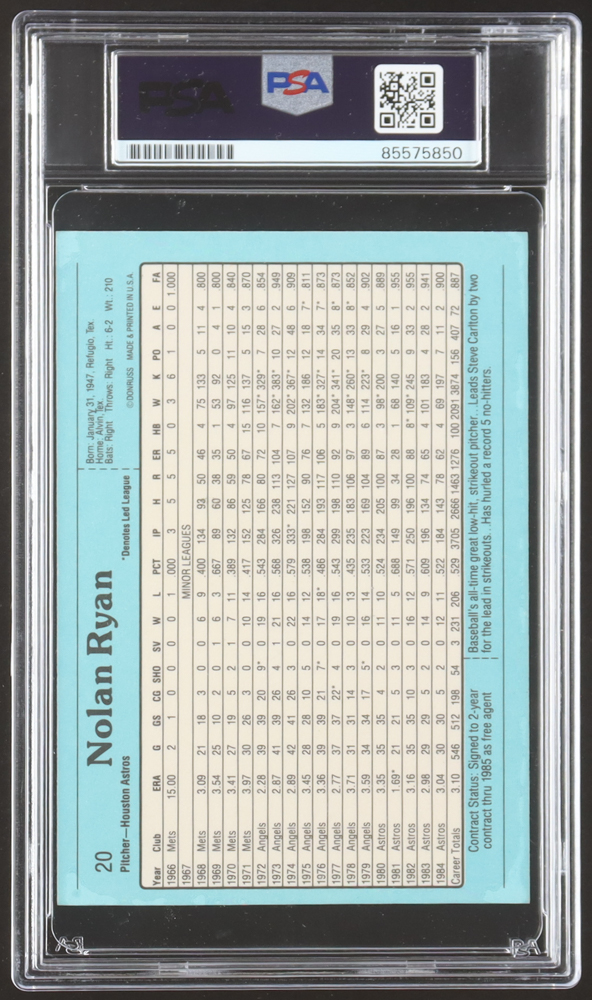Nolan Ryan Signed 1985 Donruss Action All-Stars #20 Inscribed "108.5 M.P.H. Fastball" (PSA | Auto Grade PSA 10) at PristineAuction.com Nolan Ryan Signed 1985 Donruss Action All-Stars #20 Inscribed "108.5 M.P.H. Fastball" (PSA | Auto Grade PSA 10) at PristineAuction.com