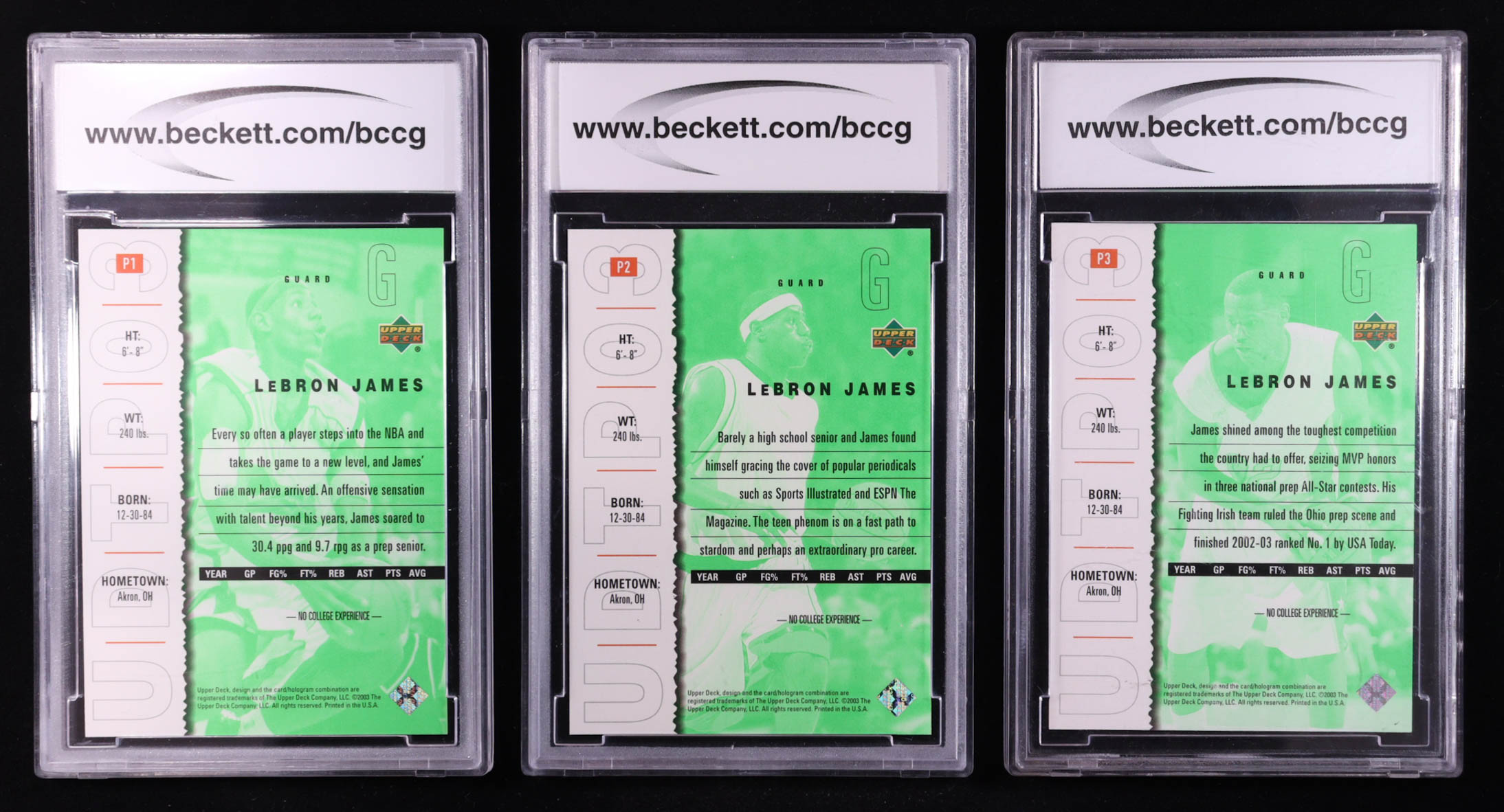 Lebron James 2003 Upper Deck Top Prospects Promos Set of 3 (BCCG 10) at PristineAuction.com Lebron James 2003 Upper Deck Top Prospects Promos Set of 3 (BCCG 10) at PristineAuction.com