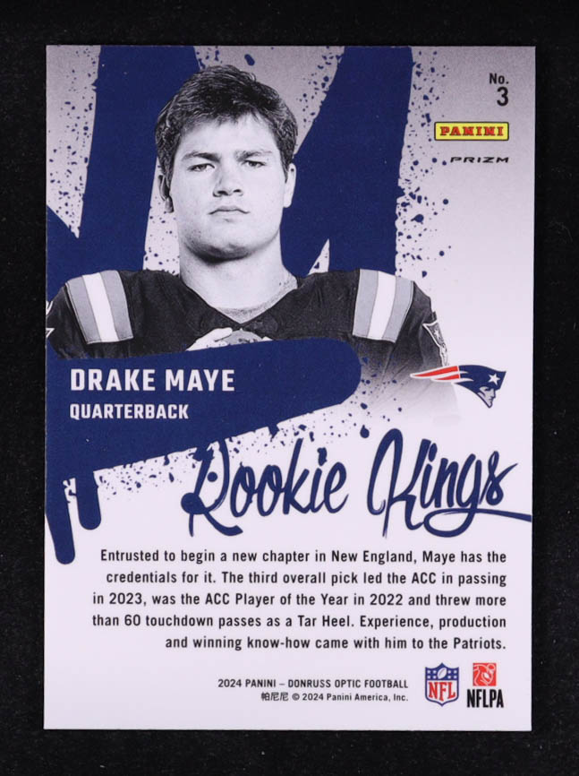Drake Maye 2024 Donruss Optic Rookie Kings #3 RC at PristineAuction.com Drake Maye 2024 Donruss Optic Rookie Kings #3 RC at PristineAuction.com