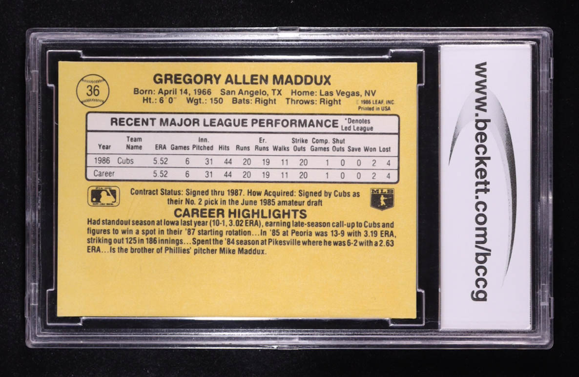 Greg Maddux 1987 Donruss #36 Rated Rookie RC (BCCG 10) at PristineAuction.com Greg Maddux 1987 Donruss #36 Rated Rookie RC (BCCG 10) at PristineAuction.com