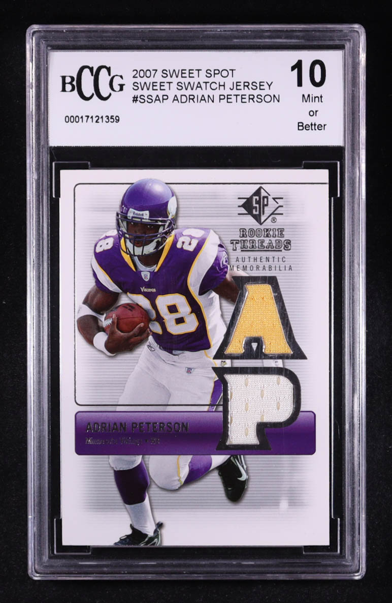 Adrian Peterson 2007 Upper Deck SP Rookie Threads Sweet Spot Swatch Jersey #RT-AP RC (BCCG 10) at PristineAuction.com Adrian Peterson 2007 Upper Deck SP Rookie Threads Sweet Spot Swatch Jersey #RT-AP RC (BCCG 10) at PristineAuction.com