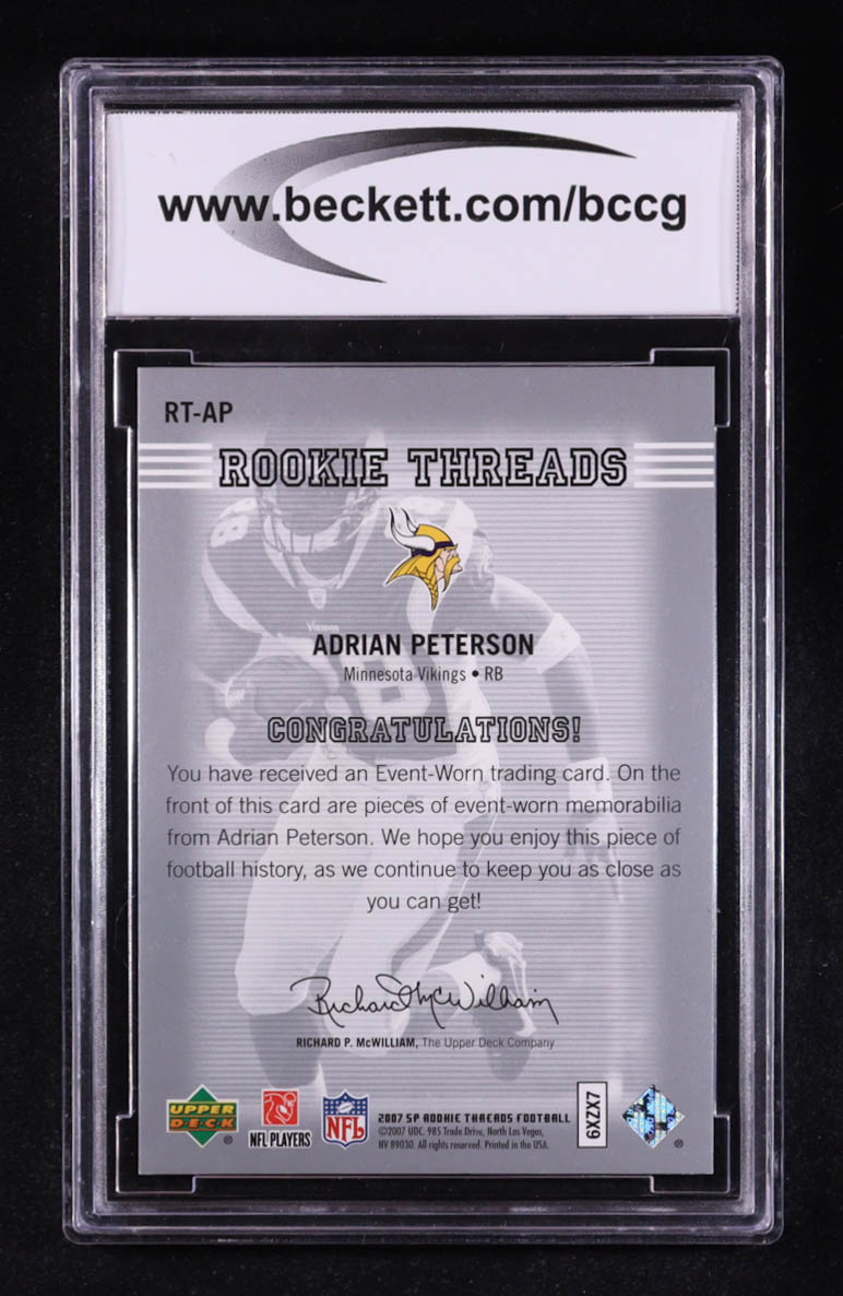 Adrian Peterson 2007 Upper Deck SP Rookie Threads Sweet Spot Swatch Jersey #RT-AP RC (BCCG 10) at PristineAuction.com Adrian Peterson 2007 Upper Deck SP Rookie Threads Sweet Spot Swatch Jersey #RT-AP RC (BCCG 10) at PristineAuction.com