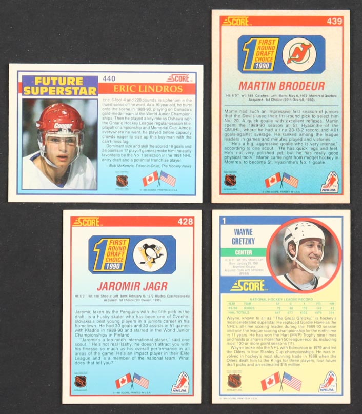 1990 Score NHL Hockey Canadian Premiere Edition Complete Factory Sealed Set of (445) Cards with Jaromir Jagr #428 RC, Martin Brodeur #439 RC, Eric Lindros #440 RC, Wayne Gretzky #1 at PristineAuction.com 1990 Score NHL Hockey Canadian Premiere Edition Complete Factory Sealed Set of (445) Cards with Jaromir Jagr #428 RC, Martin Brodeur #439 RC, Eric Lindros #440 RC, Wayne Gretzky #1 at PristineAuction.com