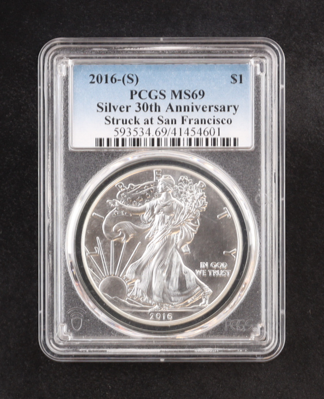 2016-(S) American $1 Dollar Silver Eagle, 30th Anniversary - Struck at San Francisco (PCGS MS69) at PristineAuction.com 2016-(S) American $1 Dollar Silver Eagle, 30th Anniversary - Struck at San Francisco (PCGS MS69) at PristineAuction.com
