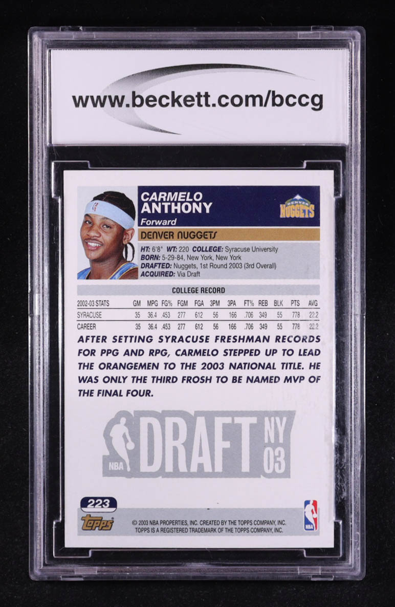 Carmelo Anthony 2003-04 Topps #223 RC (BCCG 10) at PristineAuction.com Carmelo Anthony 2003-04 Topps #223 RC (BCCG 10) at PristineAuction.com