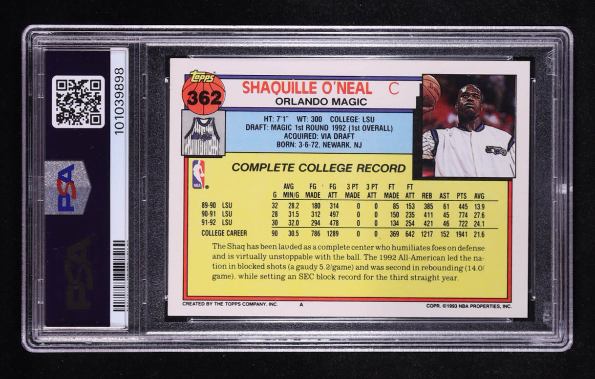 Shaquille O'Neal 1992 Topps #362 RC (PSA 9) at PristineAuction.com Shaquille O'Neal 1992 Topps #362 RC (PSA 9) at PristineAuction.com
