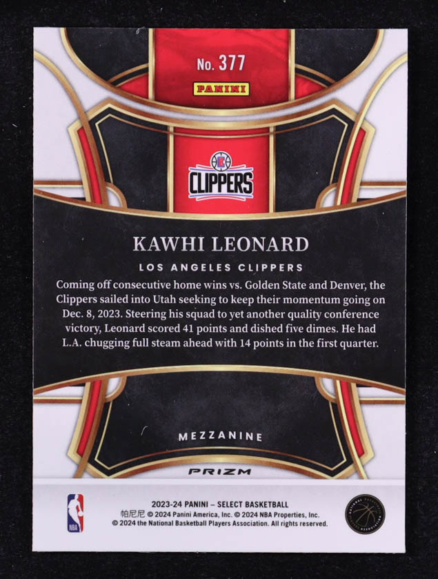 Kawhi Leonard 2023-24 Select Prizms Tiger #377 at PristineAuction.com Kawhi Leonard 2023-24 Select Prizms Tiger #377 at PristineAuction.com